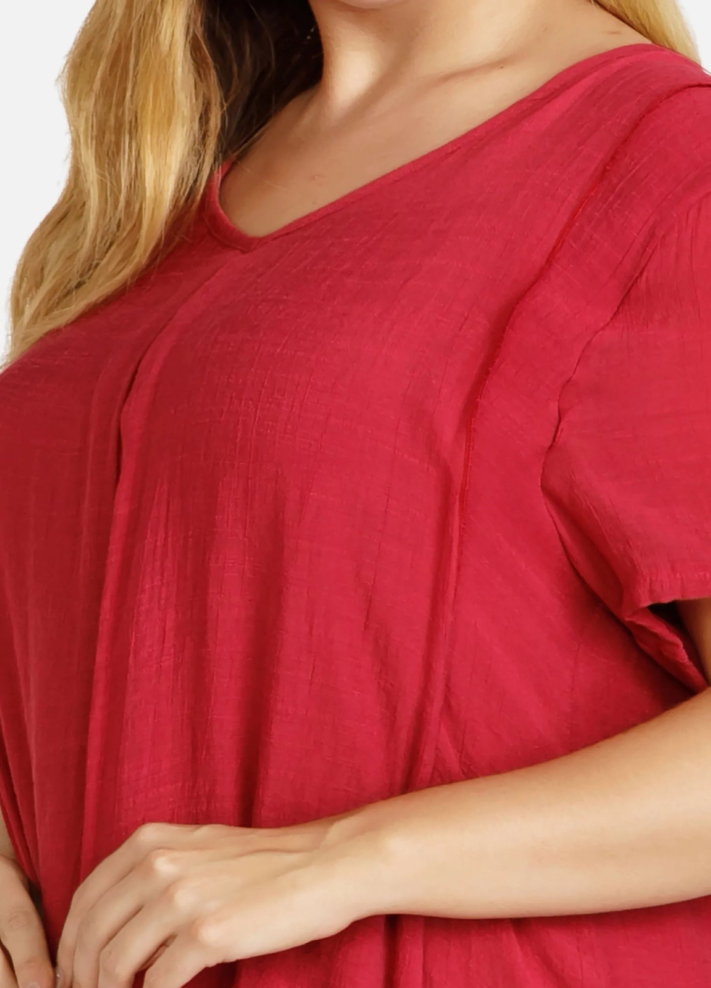 MECALA Women's Solid Short Sleeve Midi Dress-Red
