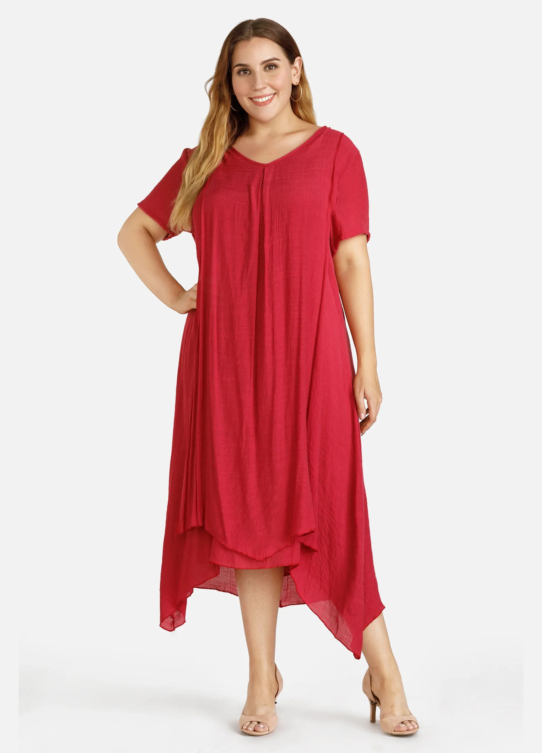 MECALA Women's Solid Short Sleeve Midi Dress-Red main view