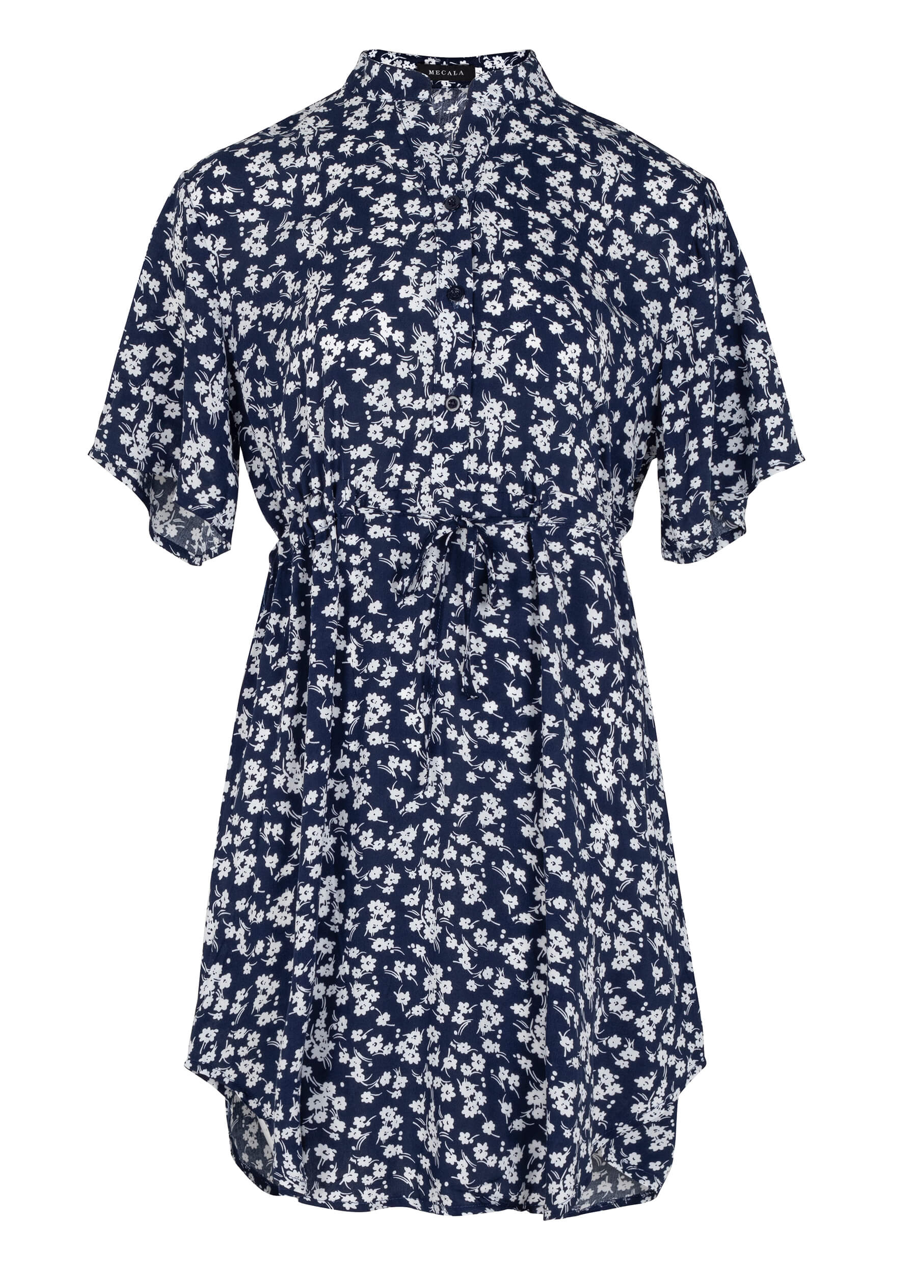 MECALA Women's Summer Floral Print V-Neck Short Sleeve Short Dress-Navy Blue