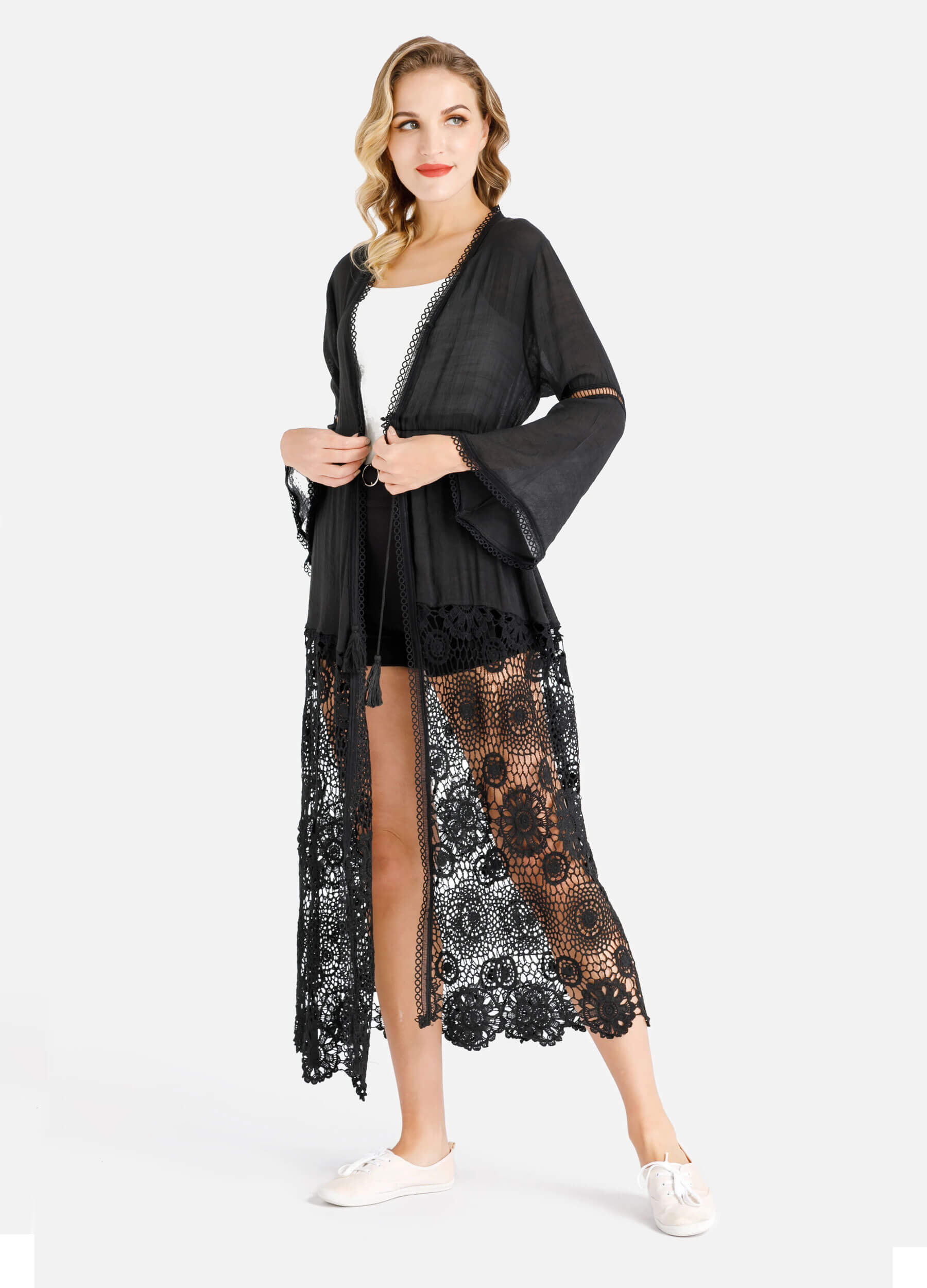 MECALA Women's Trumpet Sleeve Open Front Lace Hem Cover Up-Black