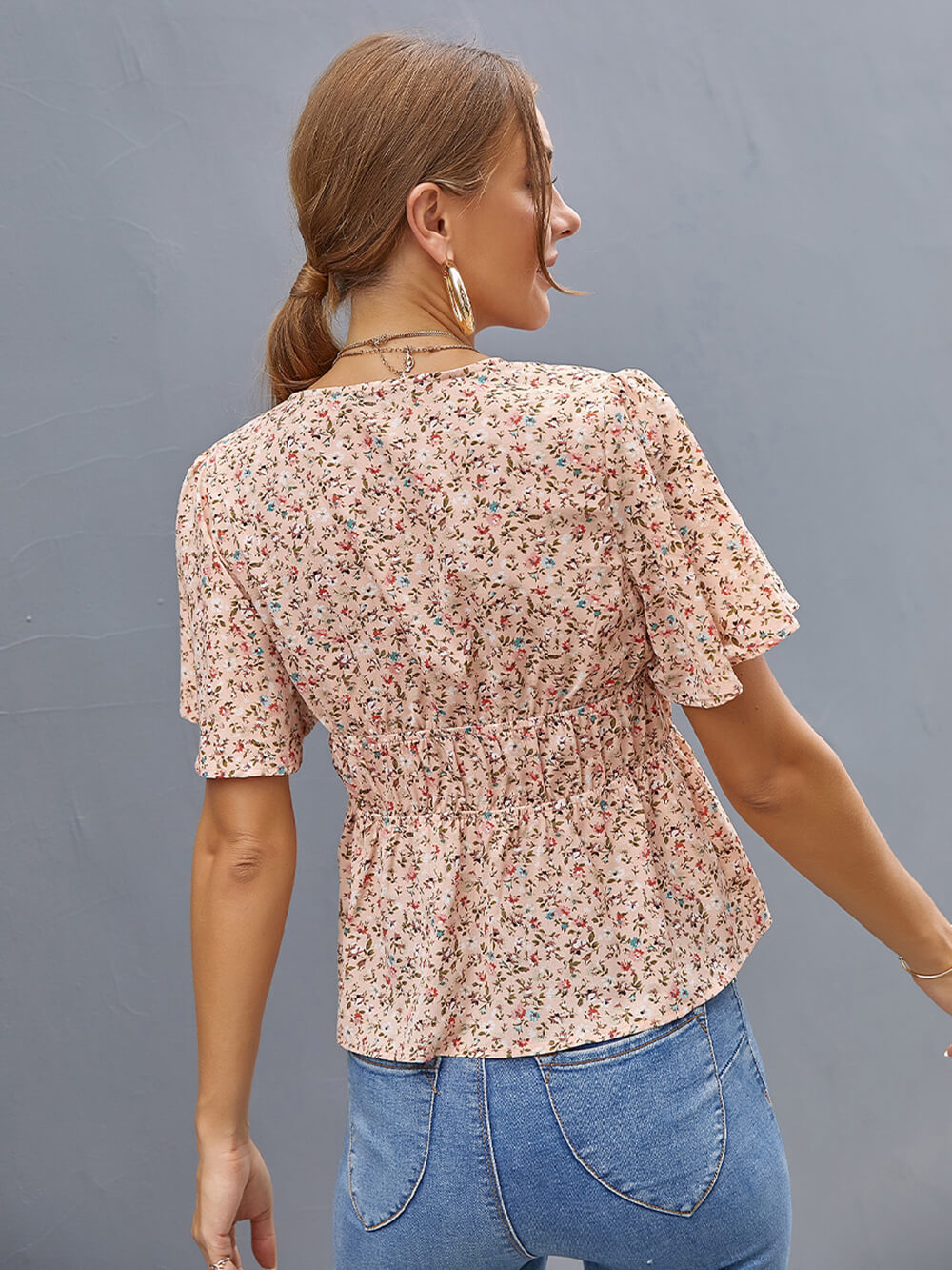 MECALA Women's V-Neck Drawstring Floral Print Short Sleeve Casual Top-Pink back view