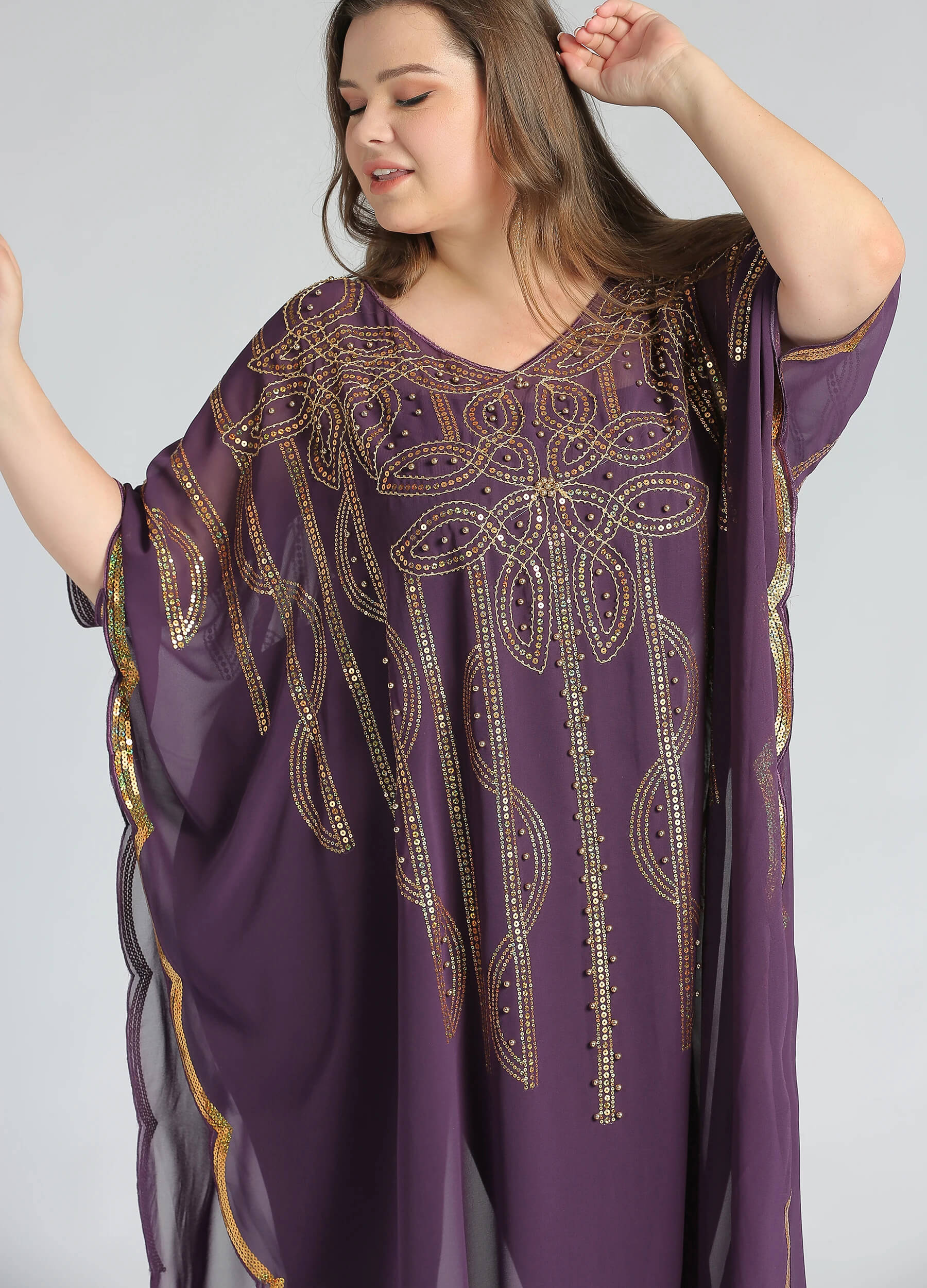 MECALA Women's V Neck Half Sleeve Seuqin Maxi Pullover Kaftan-Purple