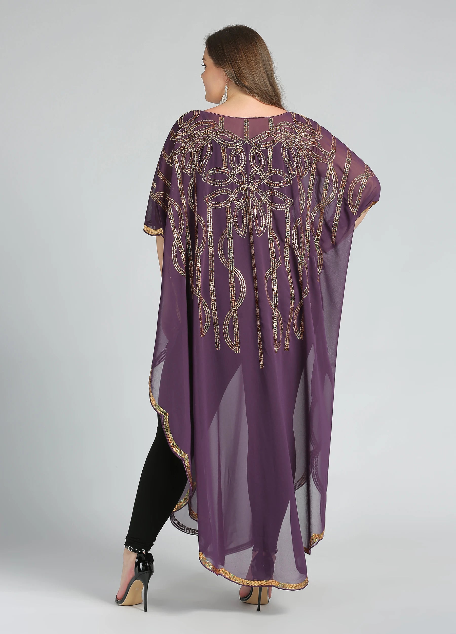 MECALA Women's V Neck Half Sleeve Seuqin Maxi Pullover Kaftan-Purple back view