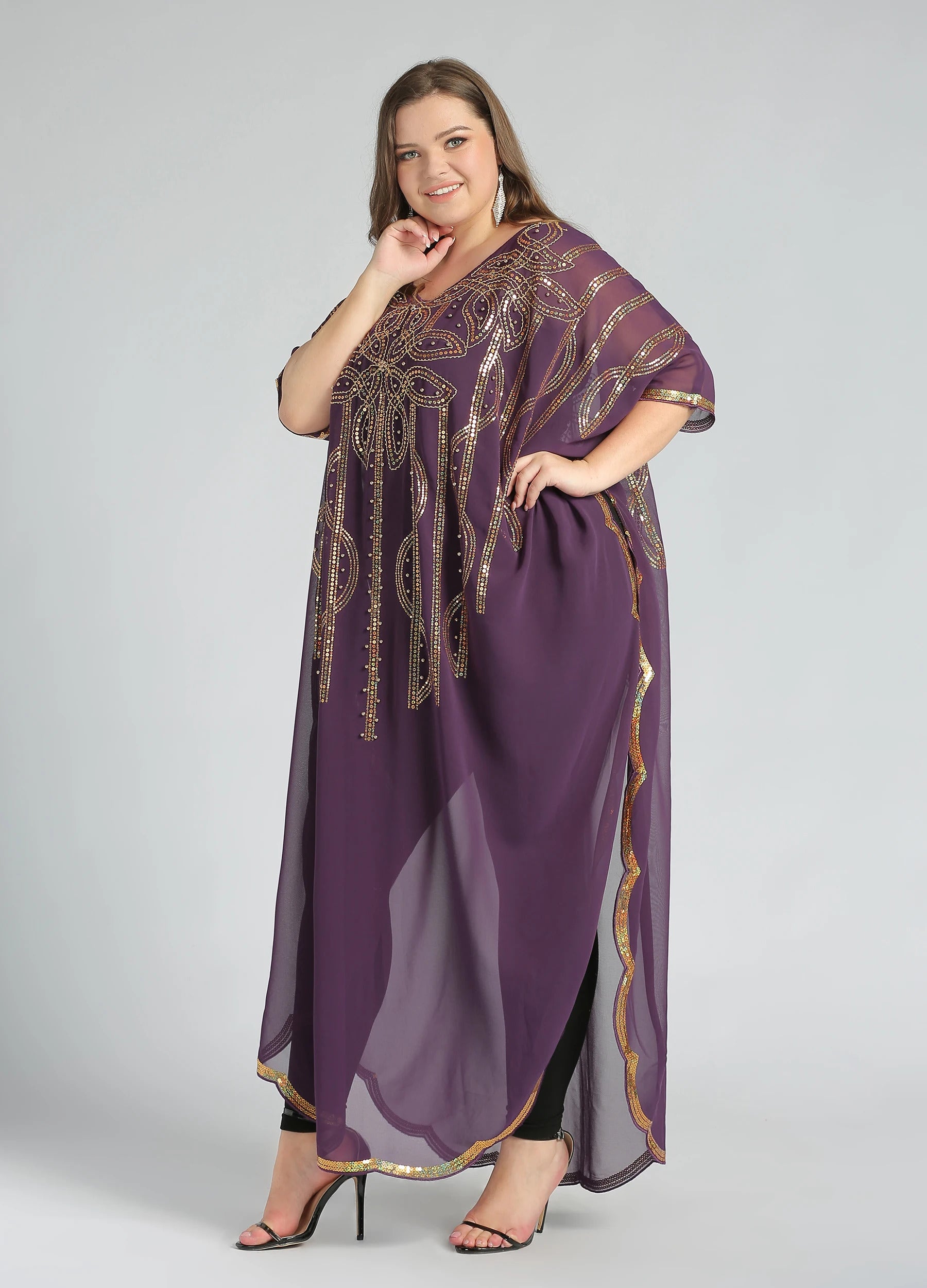 MECALA Women's V Neck Half Sleeve Seuqin Maxi Pullover Kaftan-Purple side view