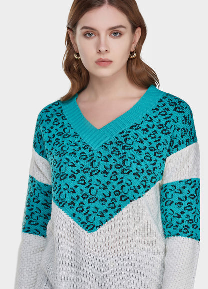 MECALA Women's V-Neck Leopard Print Long Sleeve Sweater-Light Blue