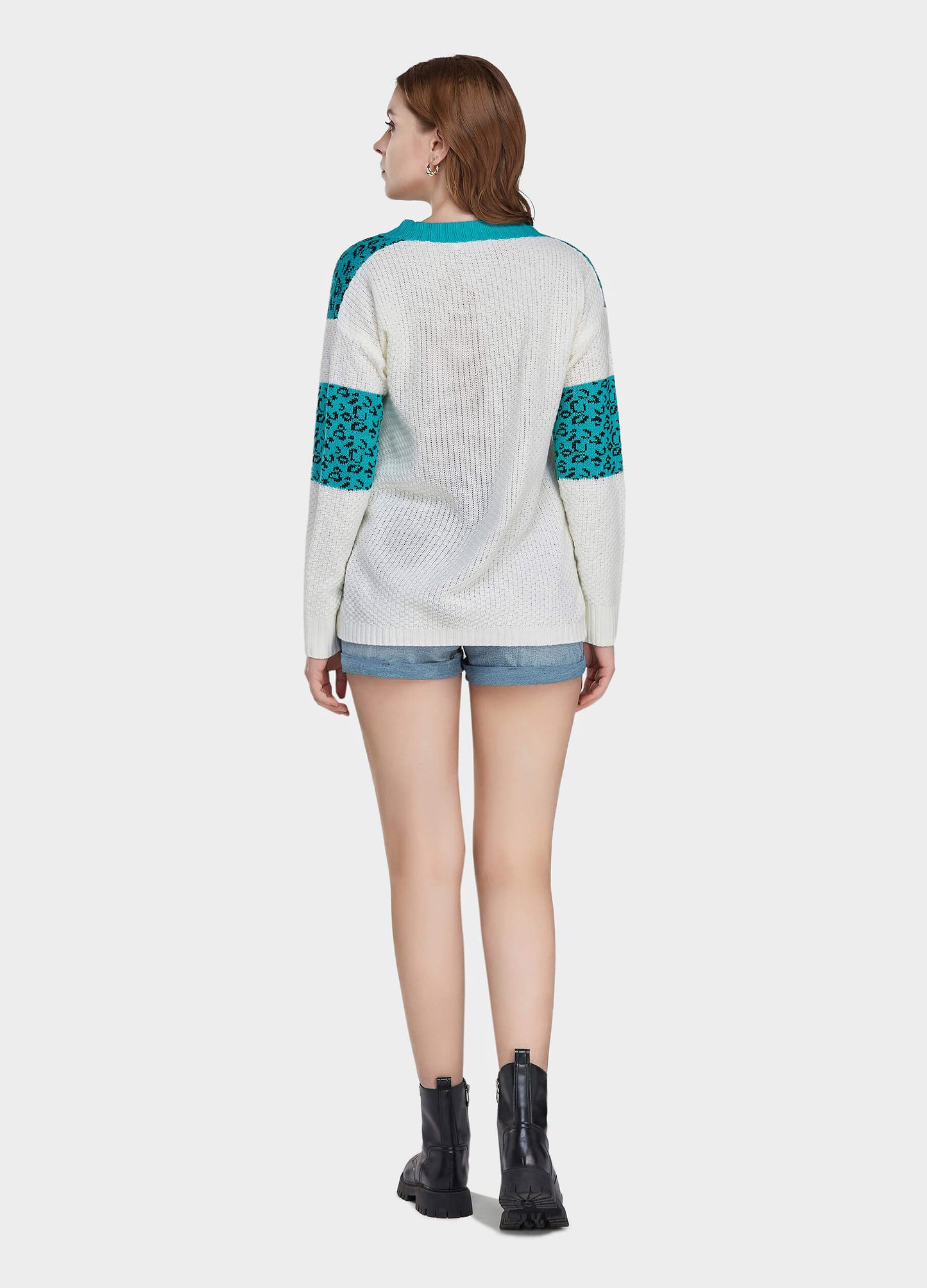 MECALA Women's V-Neck Leopard Print Long Sleeve Sweater-Light Blue back view