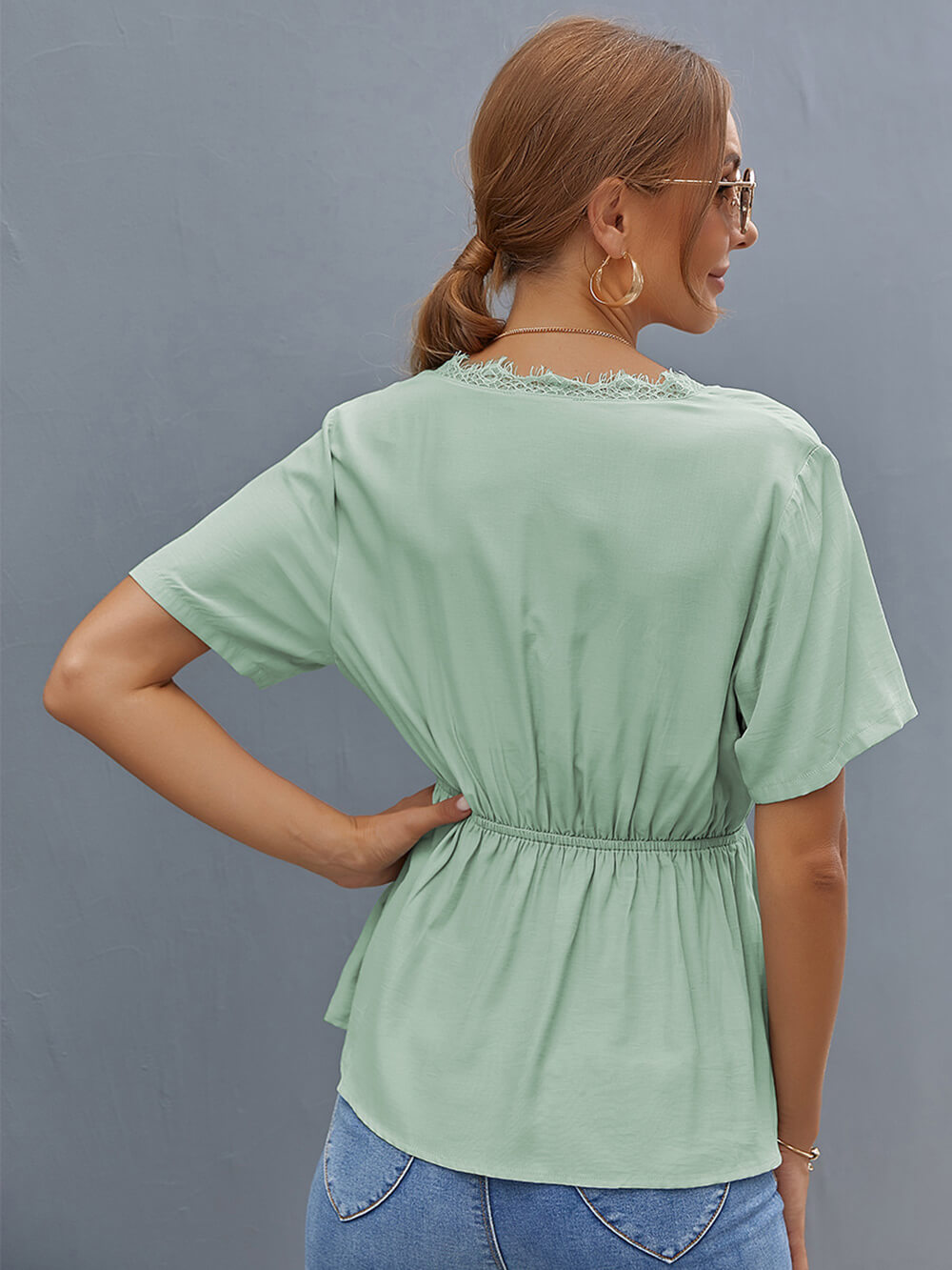 MECALA Women's V Neck Summer Short Sleeve Tops-Light green back view