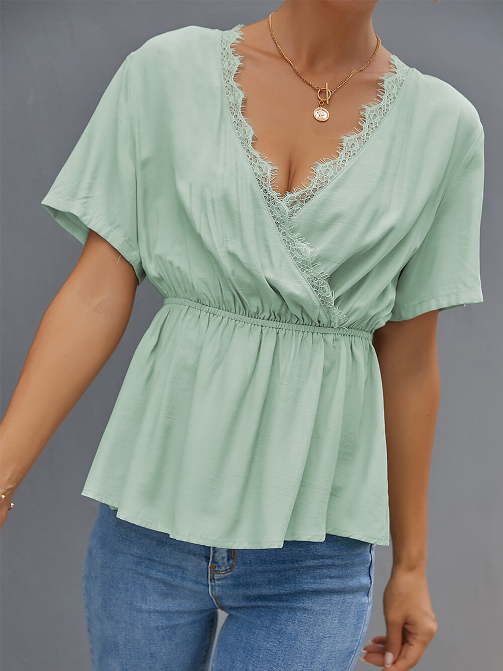 MECALA Women's V Neck Summer Short Sleeve Tops-Light green detail