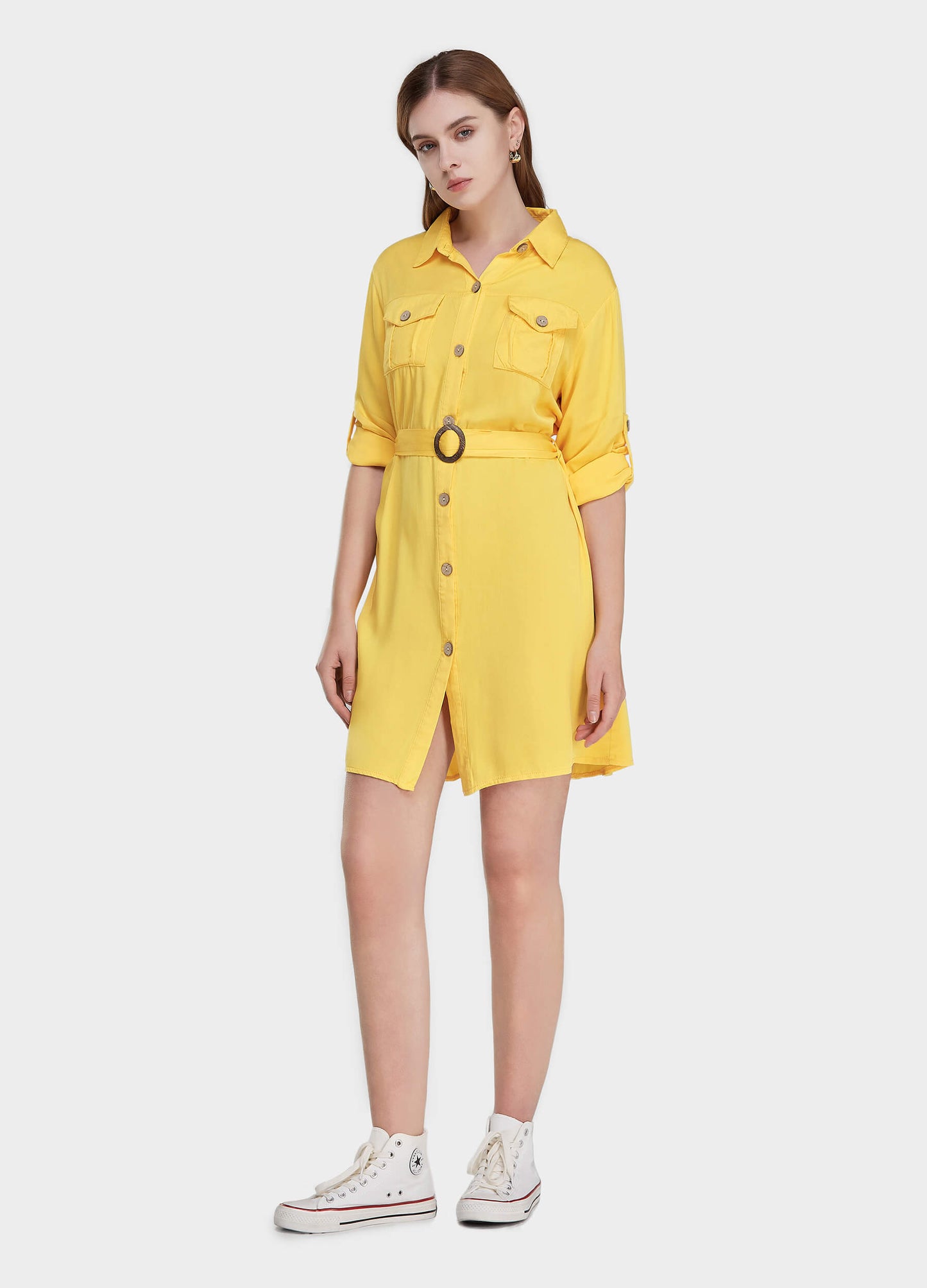 MECALA Women's Rolled Up Sleeve Button Front Midi Shirt Dress