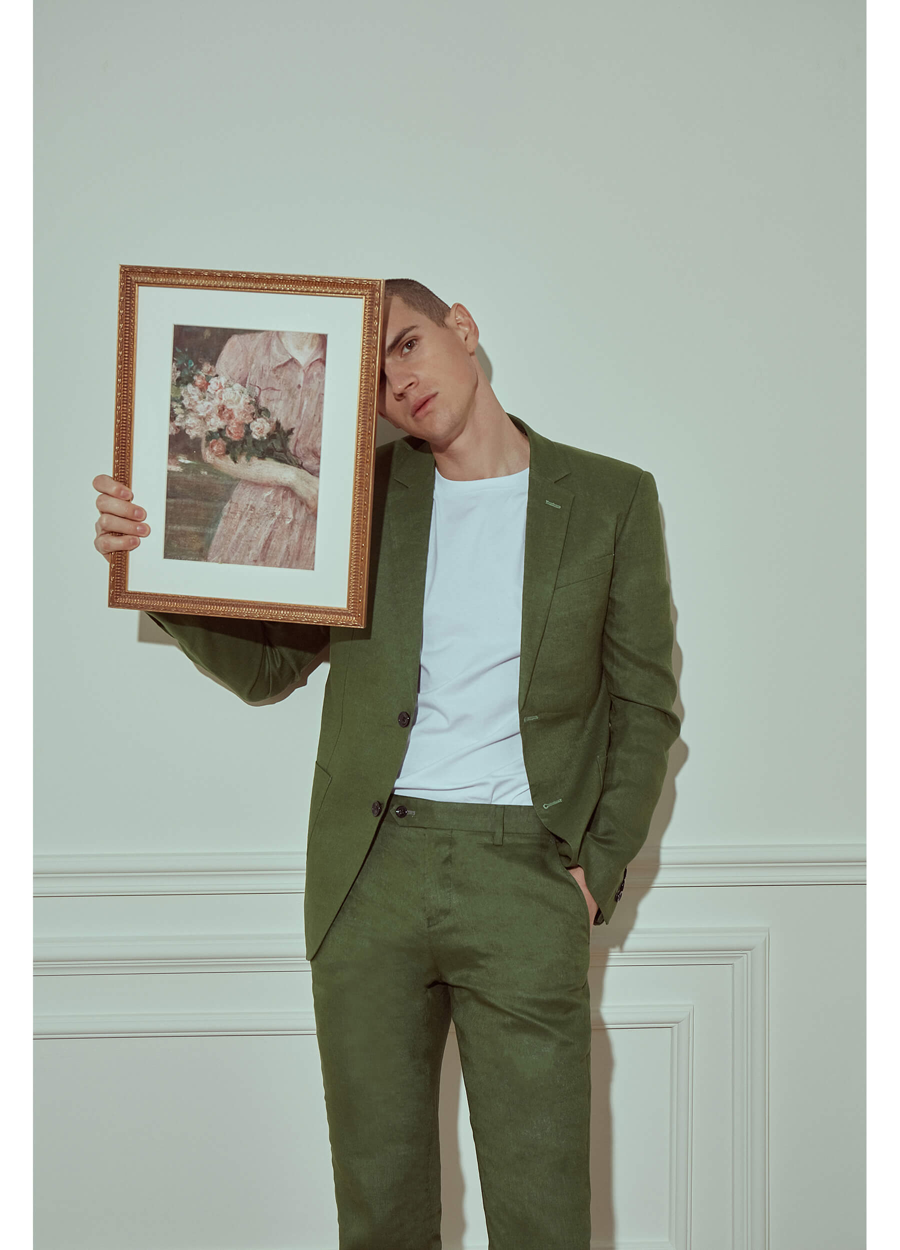 Olive green linen suit