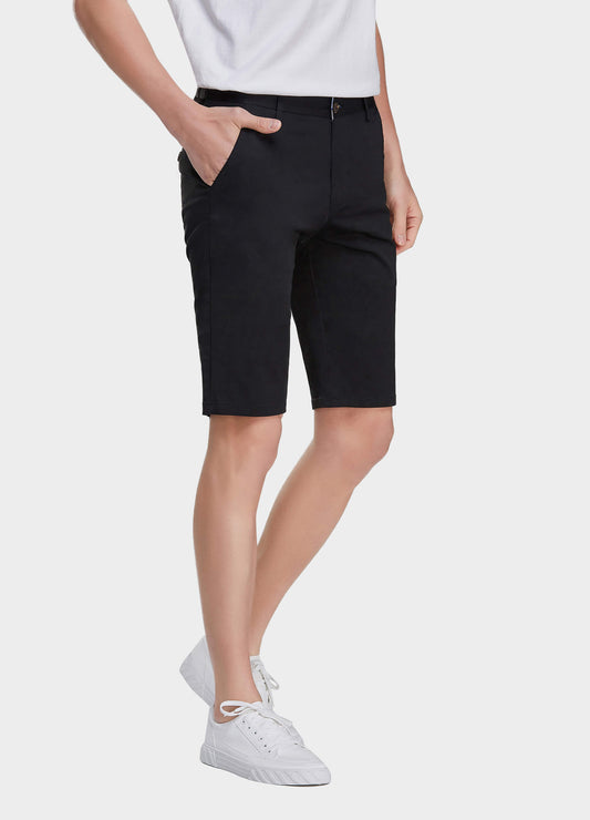 Men's Casual Button Closure Zipper Elasticity Solid Shorts with Slant Pocket-Black