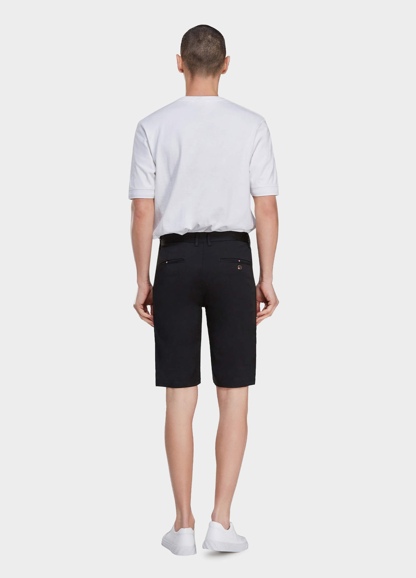 Men's Casual Button Closure Zipper Elasticity Solid Shorts with Slant Pocket-Black back view