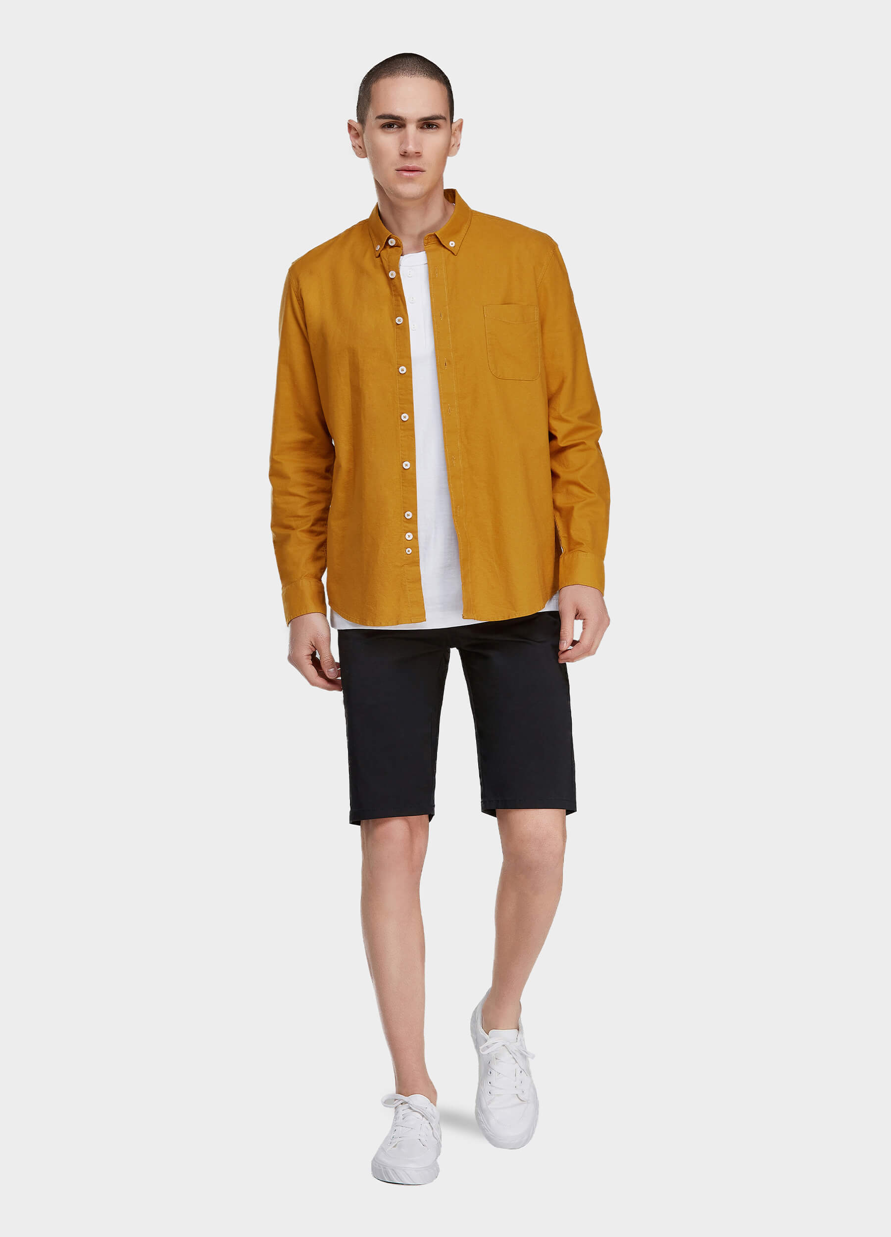 Men's Casual Button Closure Zipper Elasticity Solid Shorts with Slant Pocket-Black main view