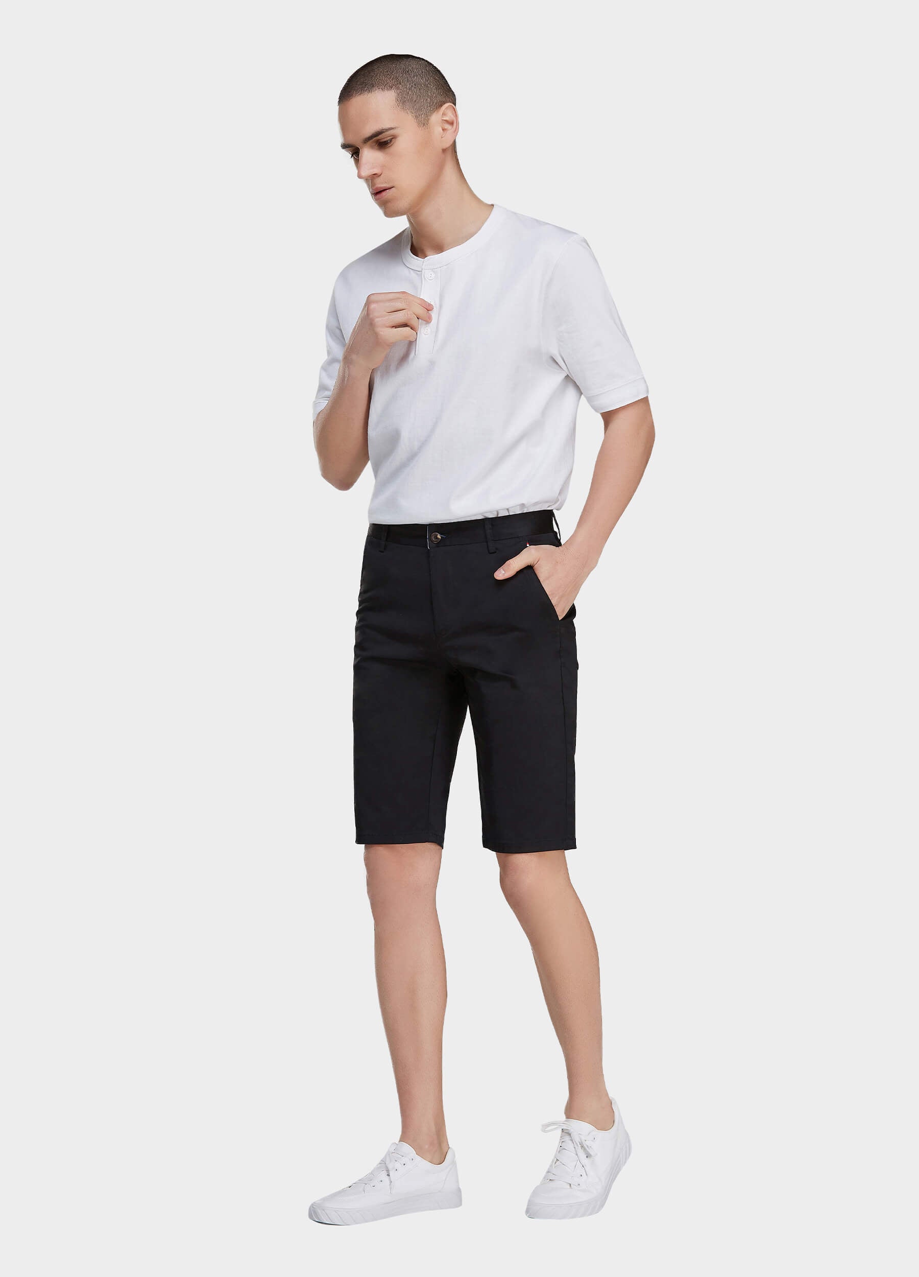 Men's Casual Button Closure Zipper Elasticity Solid Shorts with Slant Pocket-Black side view
