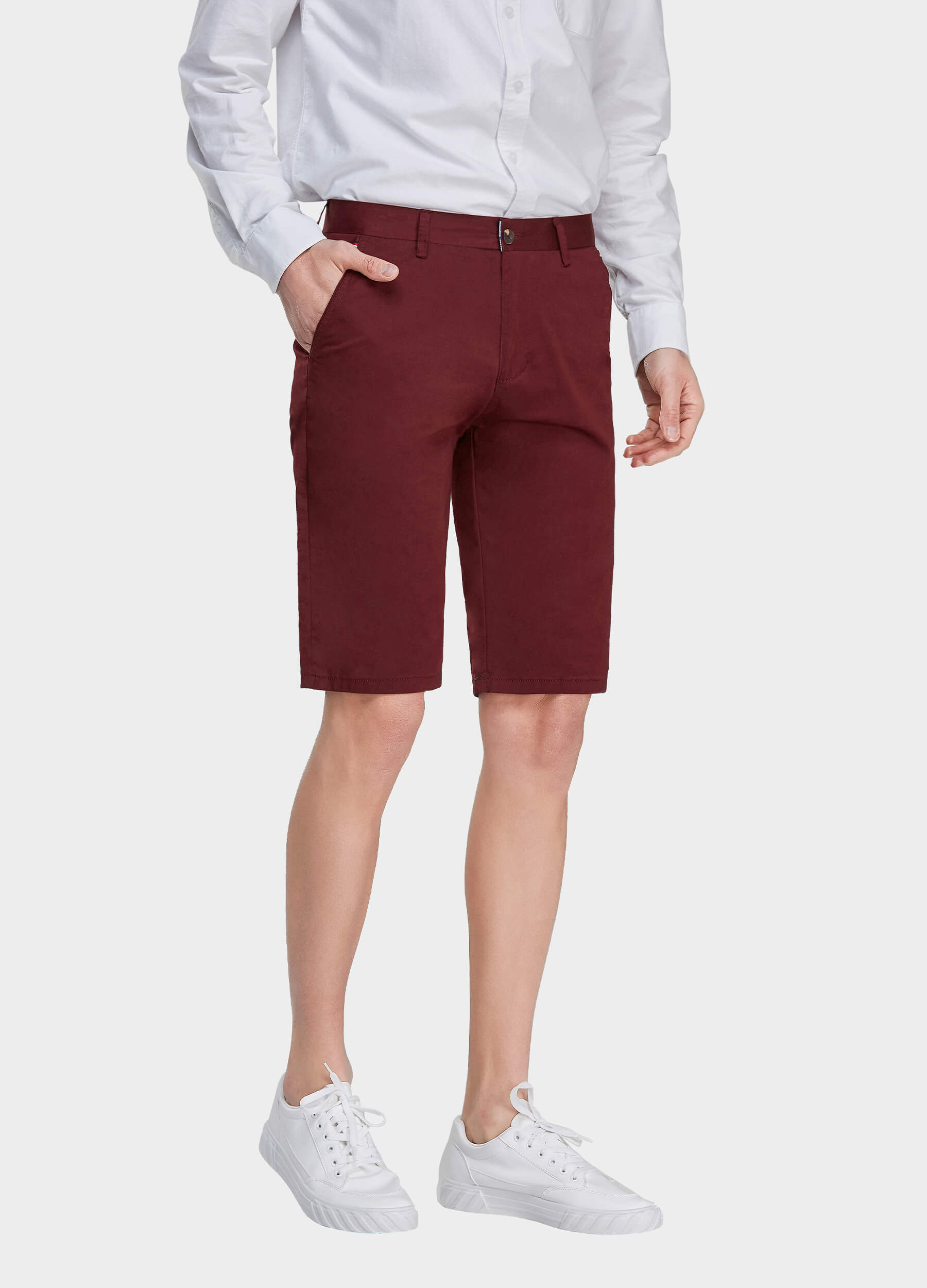 Men's Casual Button Closure Zipper Elasticity Solid Shorts with Slant Pocket-Wine Red