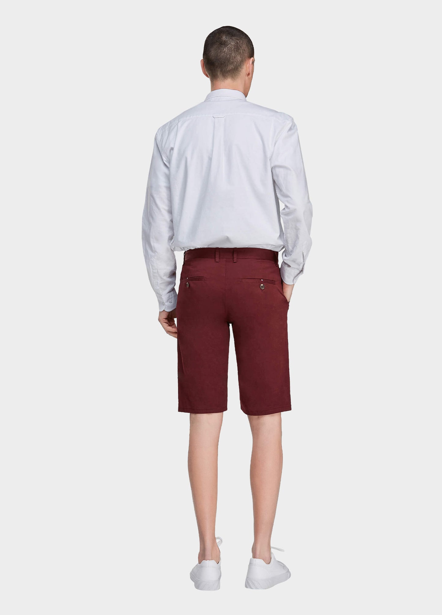 Men's Casual Button Closure Zipper Elasticity Solid Shorts with Slant Pocket-Wine Red back view