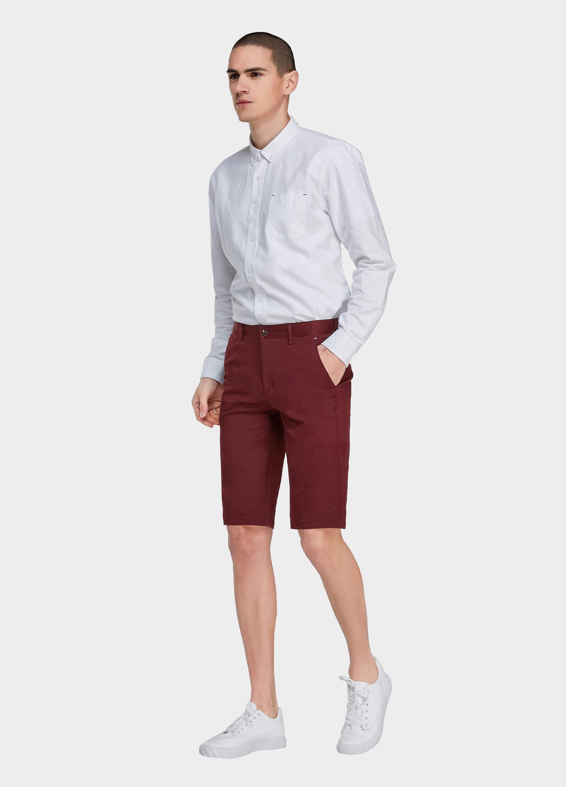 Men's Casual Button Closure Zipper Elasticity Solid Shorts with Slant Pocket-Wine Red sideview