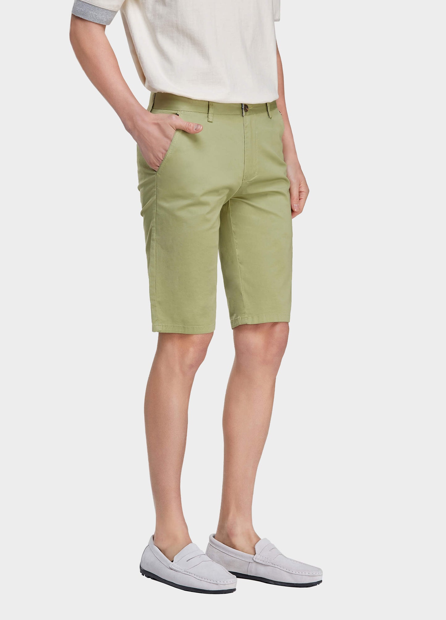 Men's Casual Button Closure Zipper Elasticity Solid Shorts with Slant Pocket-Green