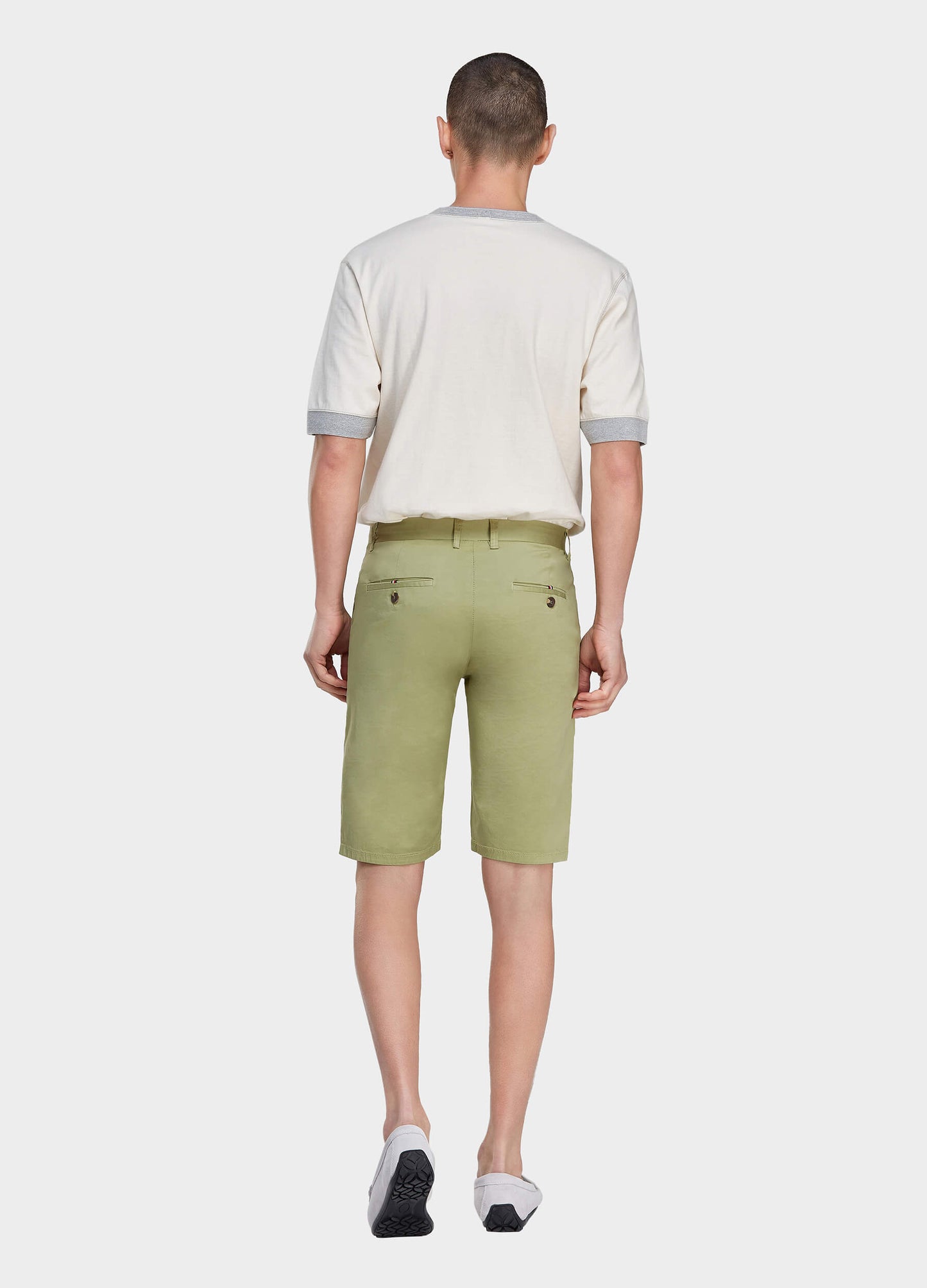 Men's Casual Button Closure Zipper Elasticity Solid Shorts with Slant Pocket-Green back view