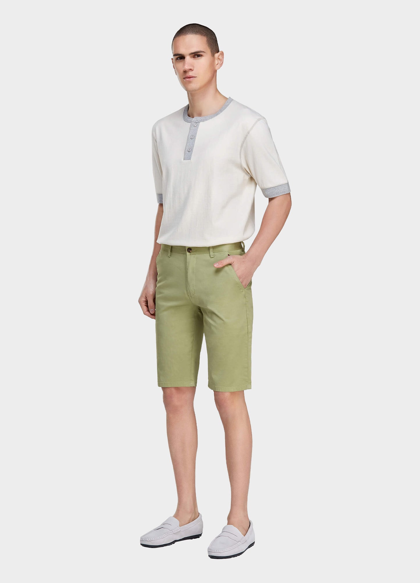 Men's Casual Button Closure Zipper Elasticity Solid Shorts with Slant Pocket-Green side view