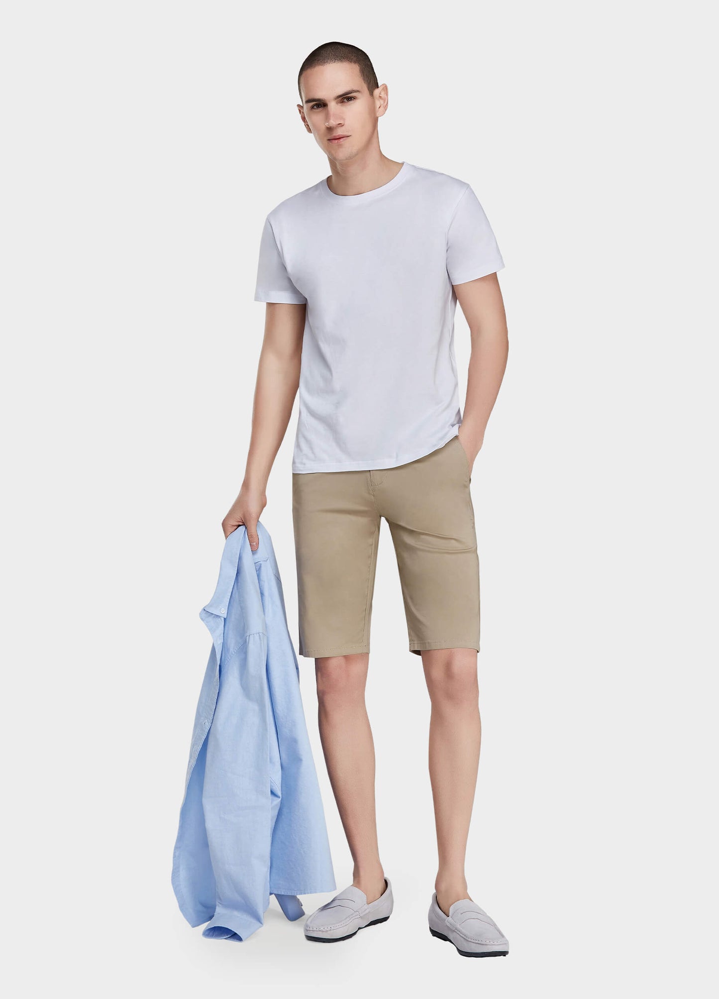 Men's Casual Button Closure Zipper Elasticity Solid Shorts with Slant Pocket-Khaki main view