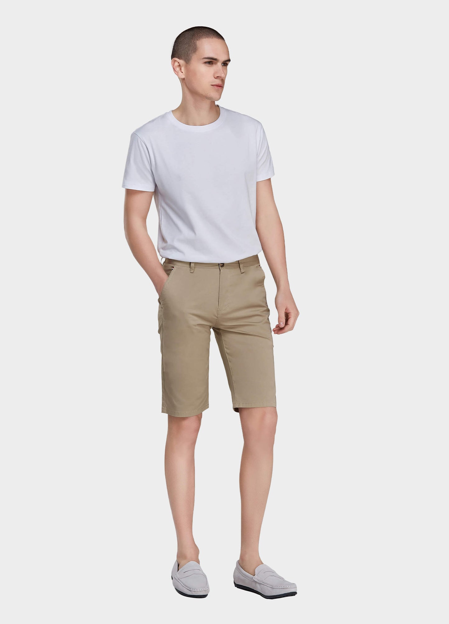Men's Casual Button Closure Zipper Elasticity Solid Shorts with Slant Pocket-Khaki side view
