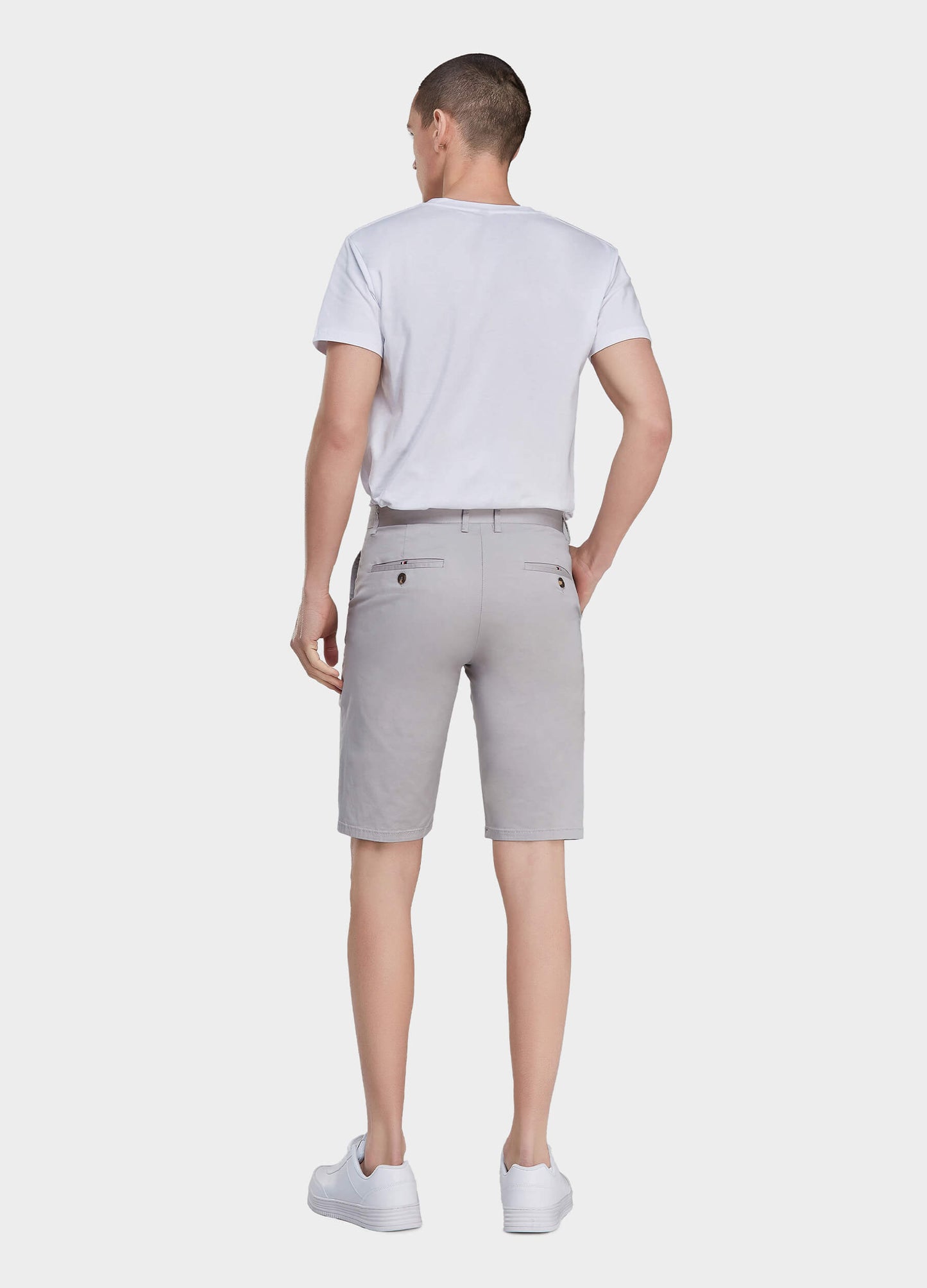 Men's Casual Button Closure Zipper Elasticity Solid Shorts with Slant Pocket-Light Grey back view