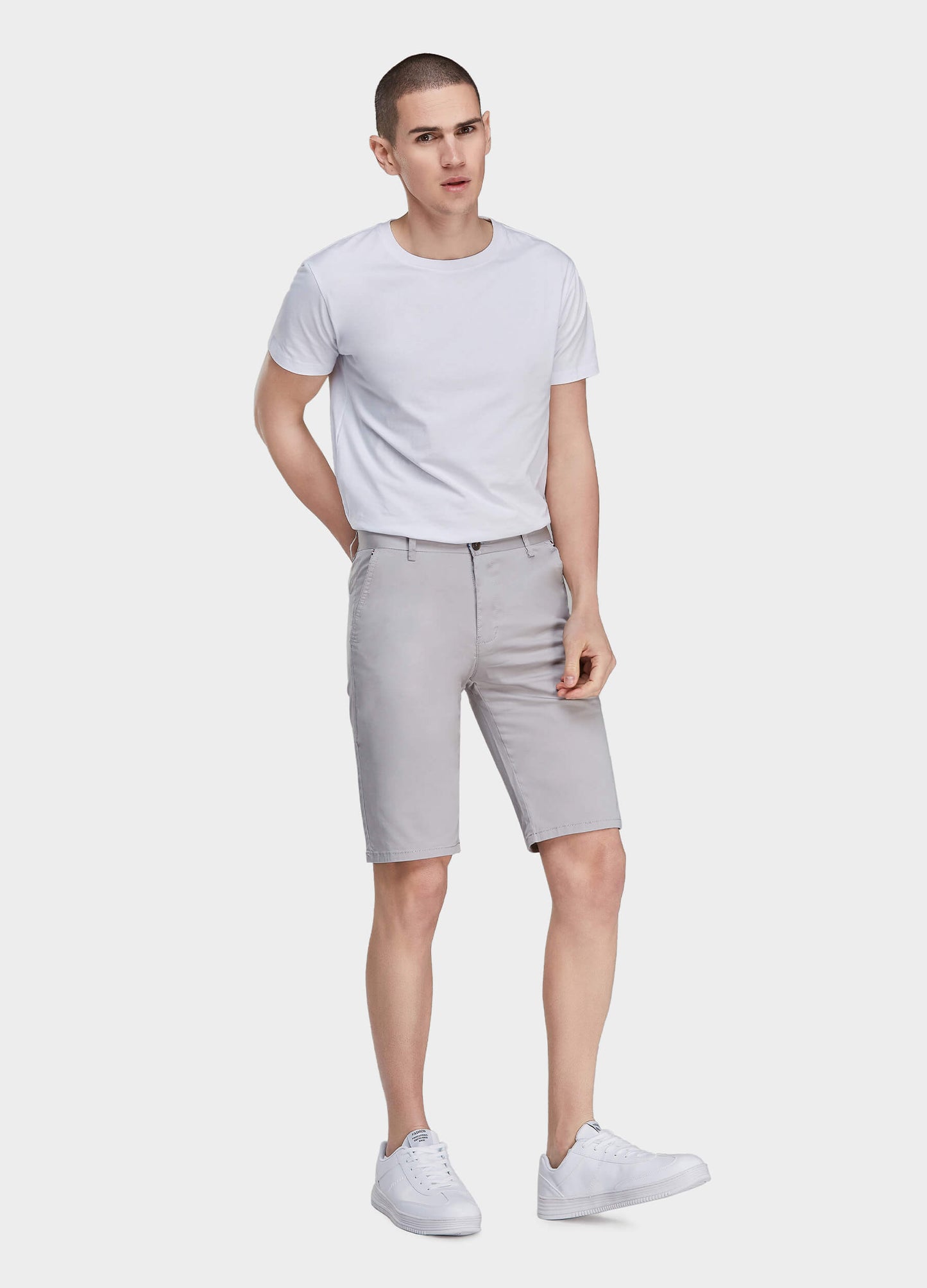 Men's Casual Button Closure Zipper Elasticity Solid Shorts with Slant Pocket-Light Grey side view