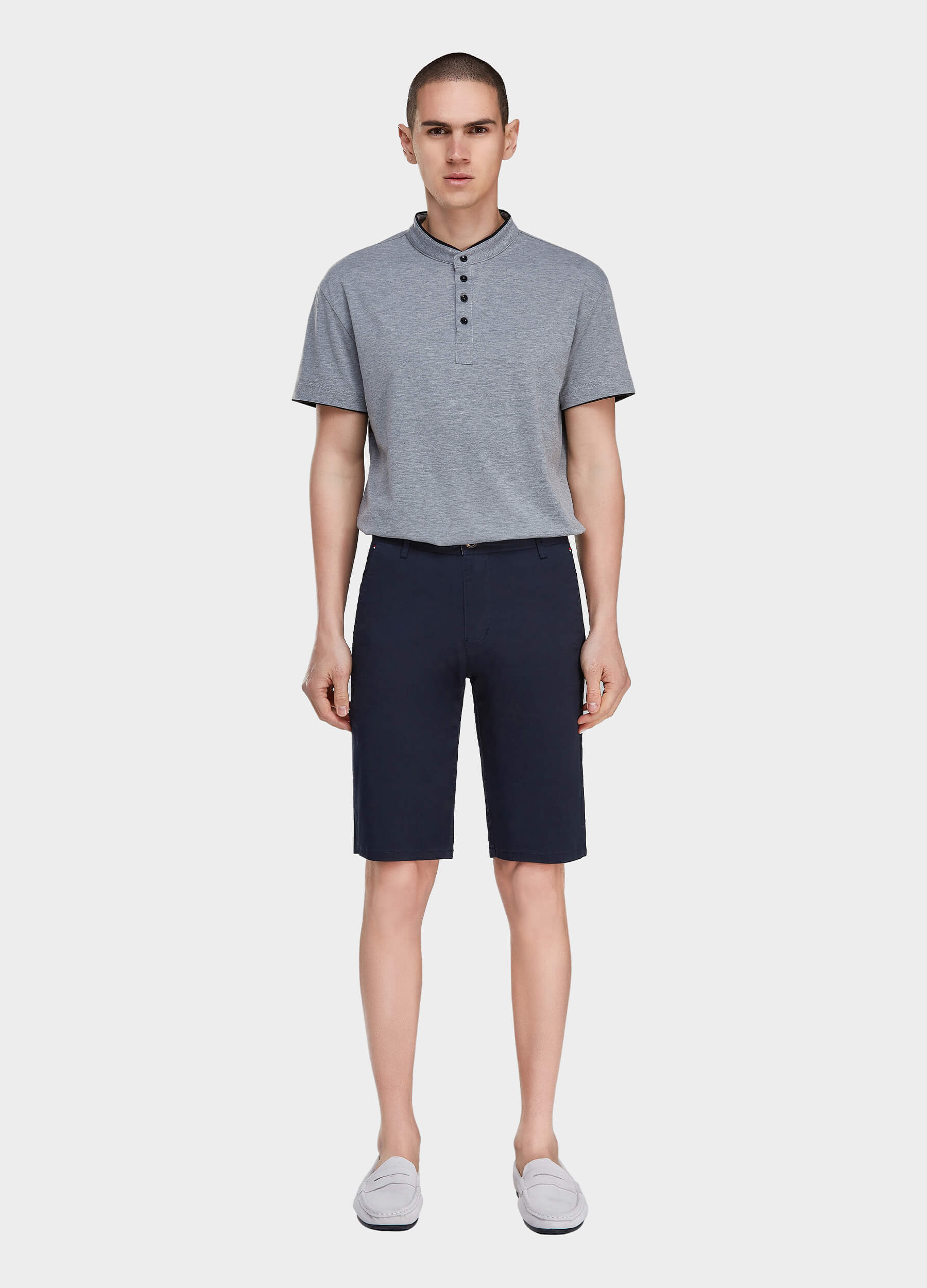 Men's Casual Button Closure Zipper Elasticity Solid Shorts with Slant Pocket-Navy Blue main view
