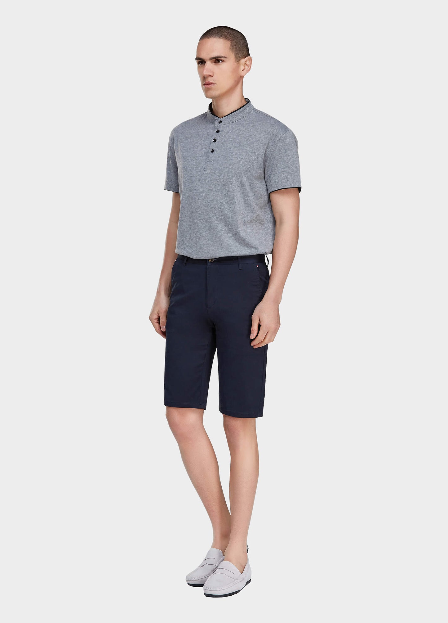 Men's Casual Button Closure Zipper Elasticity Solid Shorts with Slant Pocket-Navy Blue side view