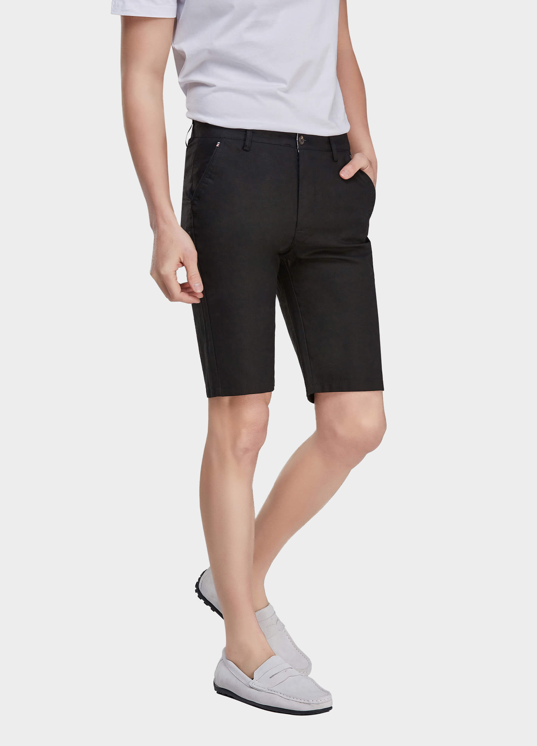 Men's Casual Solid Zipper Fly Button Walk Shorts with Slant Pockets-Black