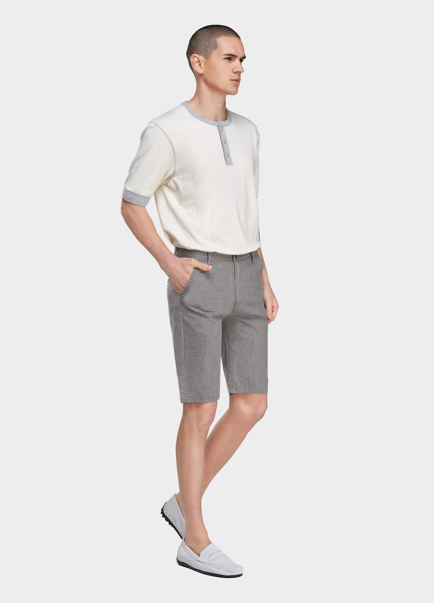 Men's Casual Solid Zipper Fly Button Walk Shorts with Slant Pockets-Grey side view