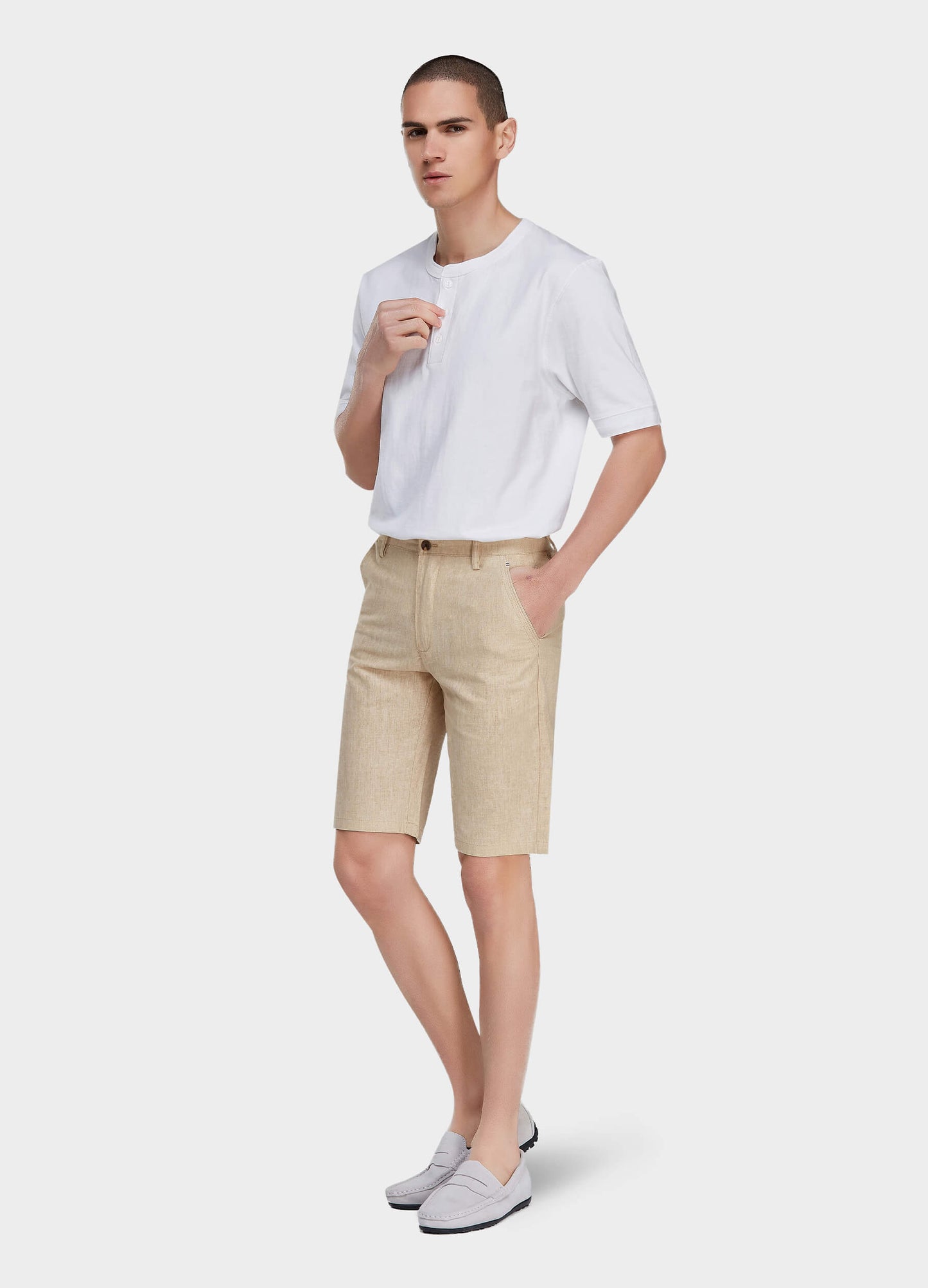 Men's Casual Solid Zipper Fly Button Walk Shorts with Slant Pockets-Beige side view