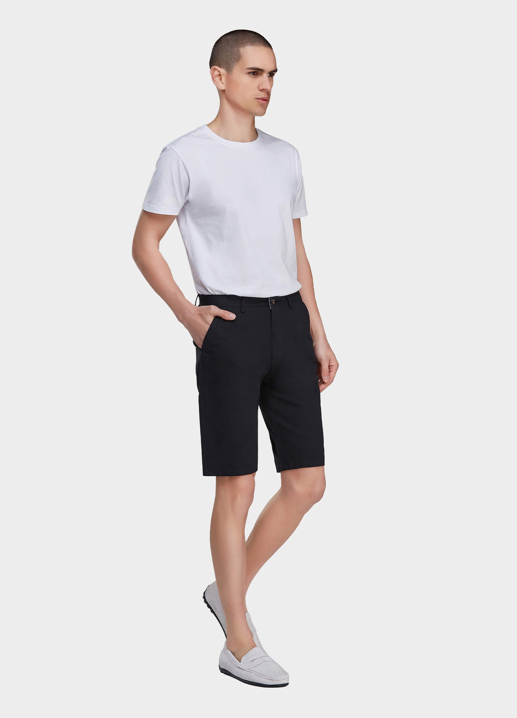 Men's Casual Zipper Fly Button Solid Shorts with Slant Pocket-Black side view