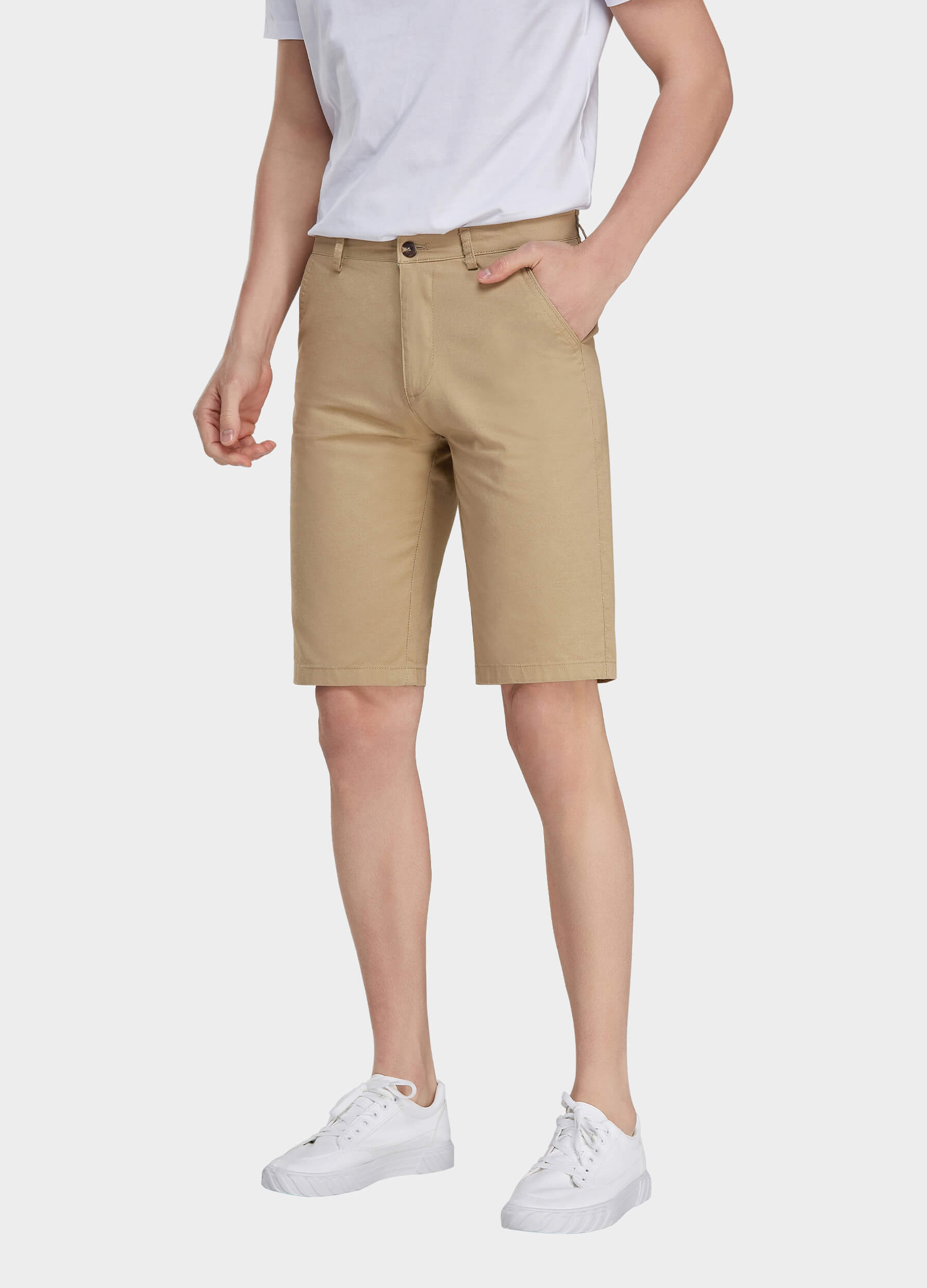 Men's Casual Zipper Fly Button Solid Shorts with Slant Pocket-Khaki
