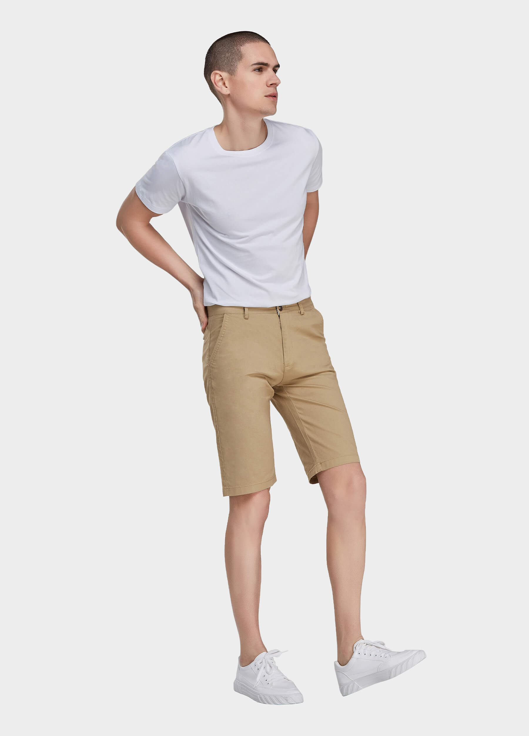 Men's Casual Zipper Fly Button Solid Shorts with Slant Pocket-Khaki side view