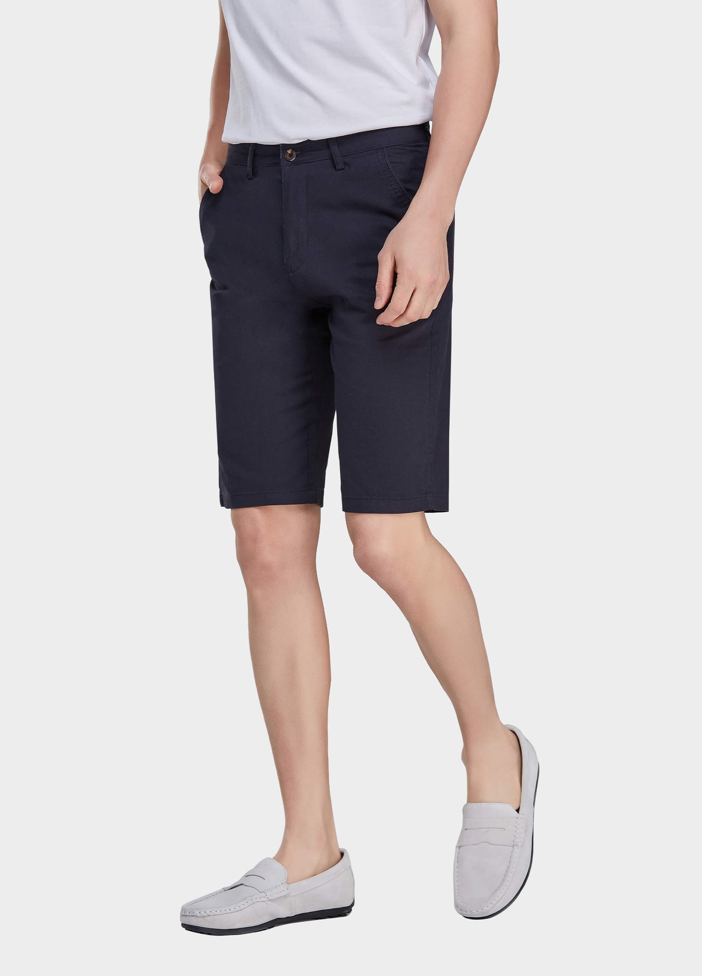 Men's Casual Zipper Fly Button Solid Shorts with Slant Pocket-Navy Blue