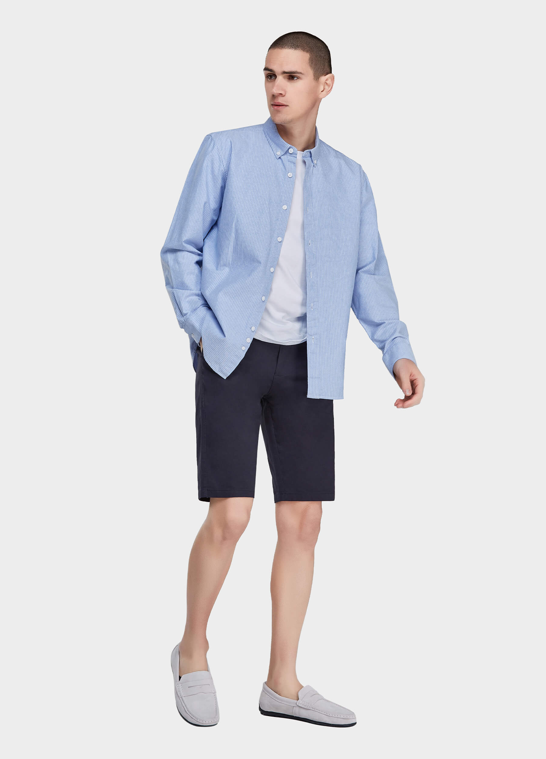Men's Casual Zipper Fly Button Solid Shorts with Slant Pocket-Navy Blue side view