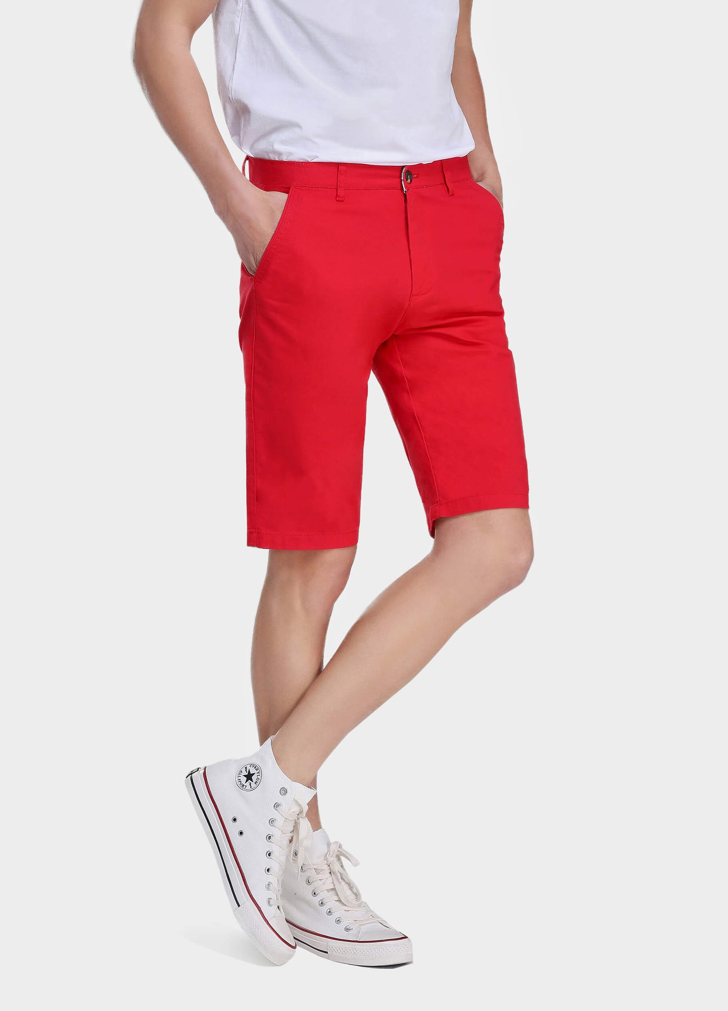 Men's Casual Zipper Fly Button Solid Shorts with Slant Pocket-Red