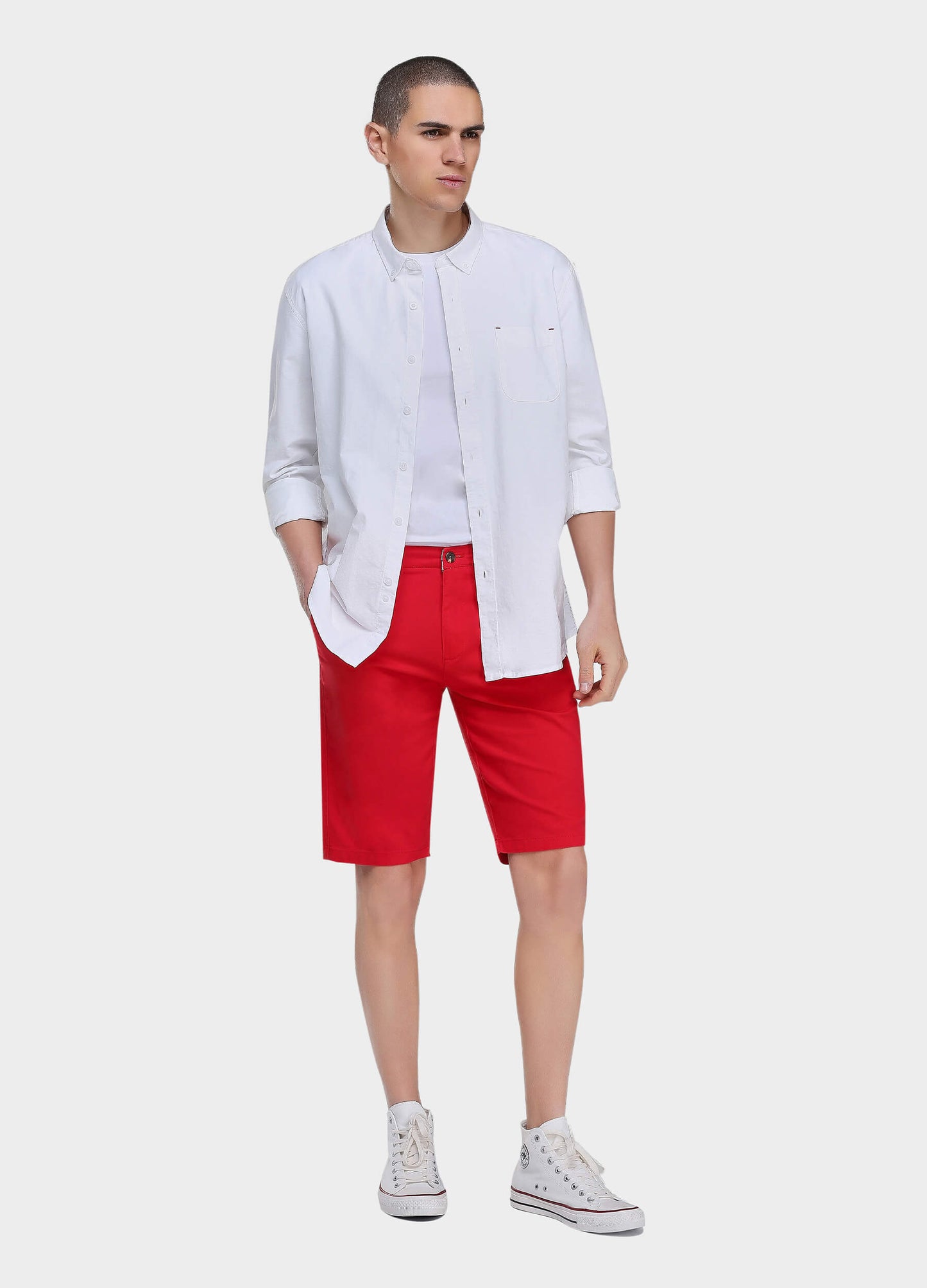 Men's Casual Zipper Fly Button Solid Shorts with Slant Pocket-Red main view