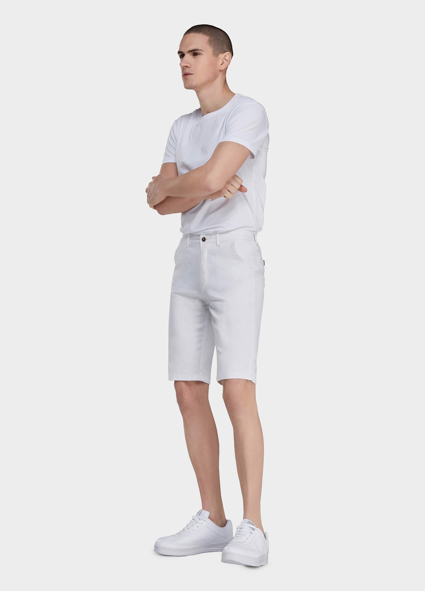 Men's Casual Zipper Fly Button Solid Shorts with Slant Pocket-White side view