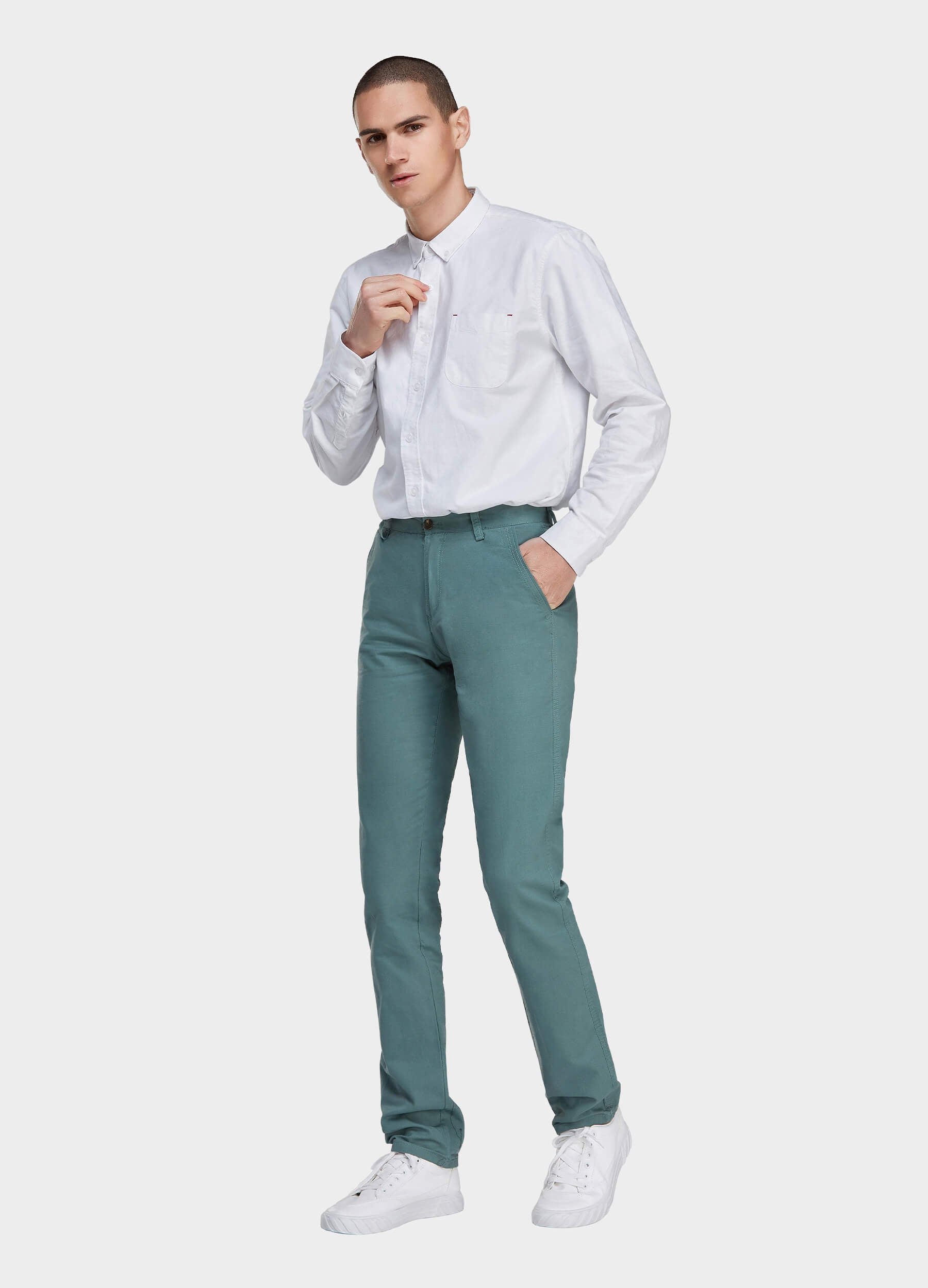 Men's Fall Straight Leg Zip Fly Button Closure Slant Pocket Casual Trousers-Matcha side view