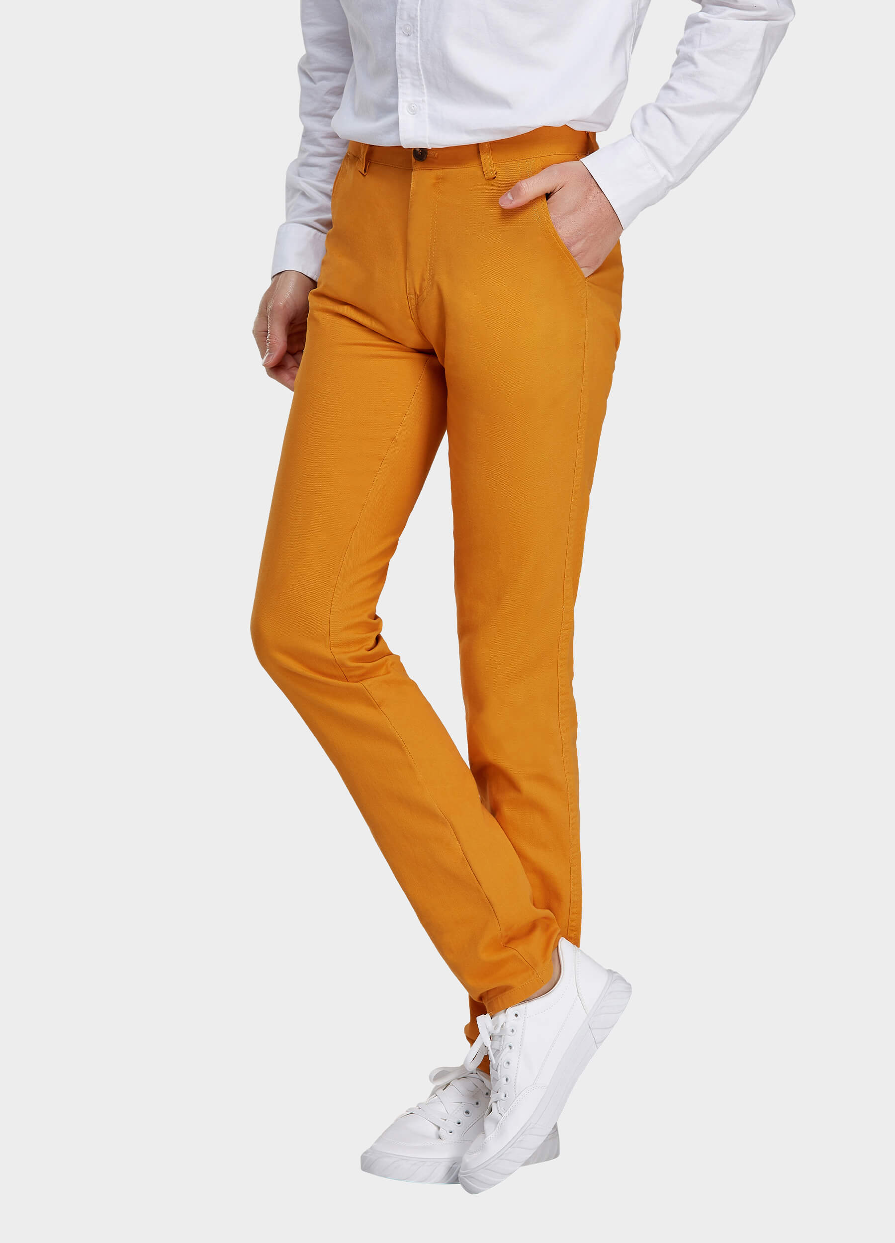 Men's Fall Straight Leg Zip Fly Button Closure Slant Pocket Casual Trousers-Yellow