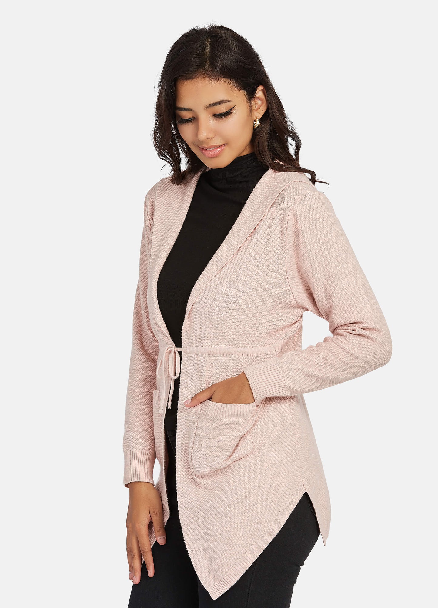 FINEPEEK Women's Long Sleeve Cable Knit Hooded Pink Cardigan