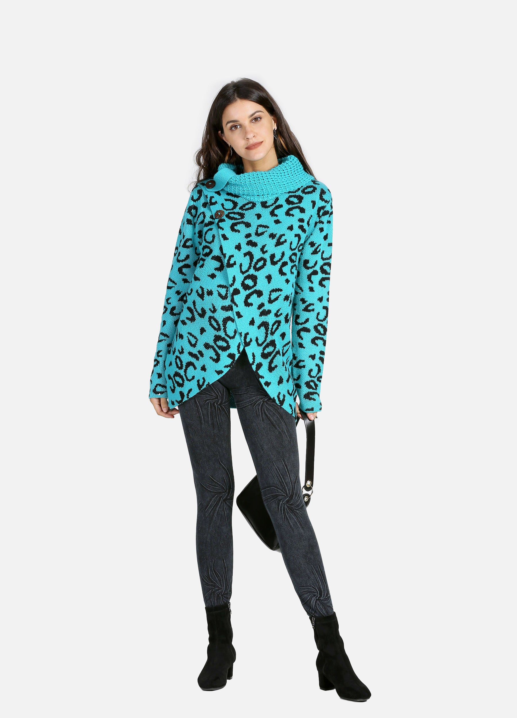 Women'sAlloverPrint Rolled Neck Button Wrap Sweater-Light Blue