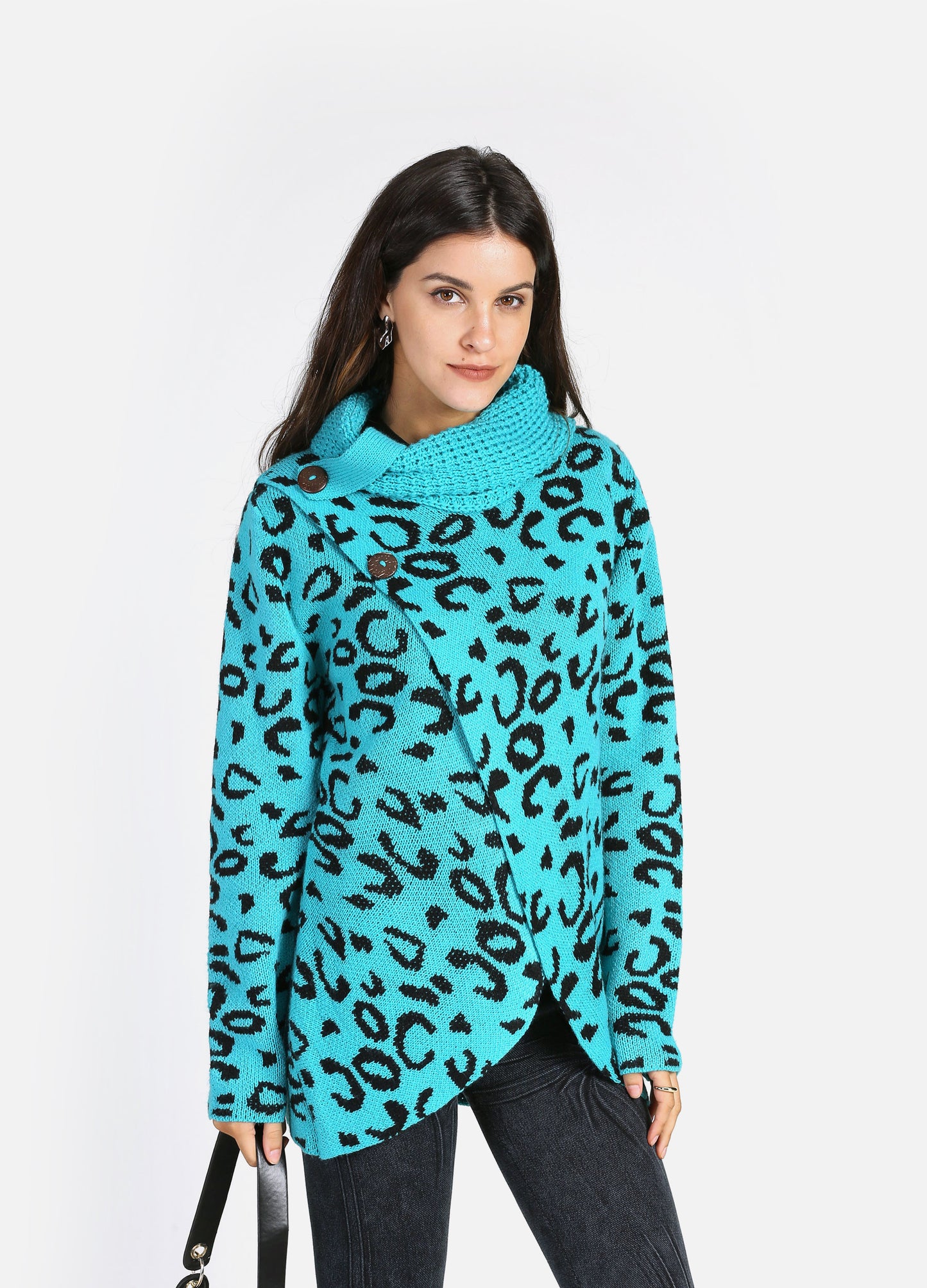 Women'sAlloverPrint Rolled Neck Button Wrap Sweater-Light Bludetail