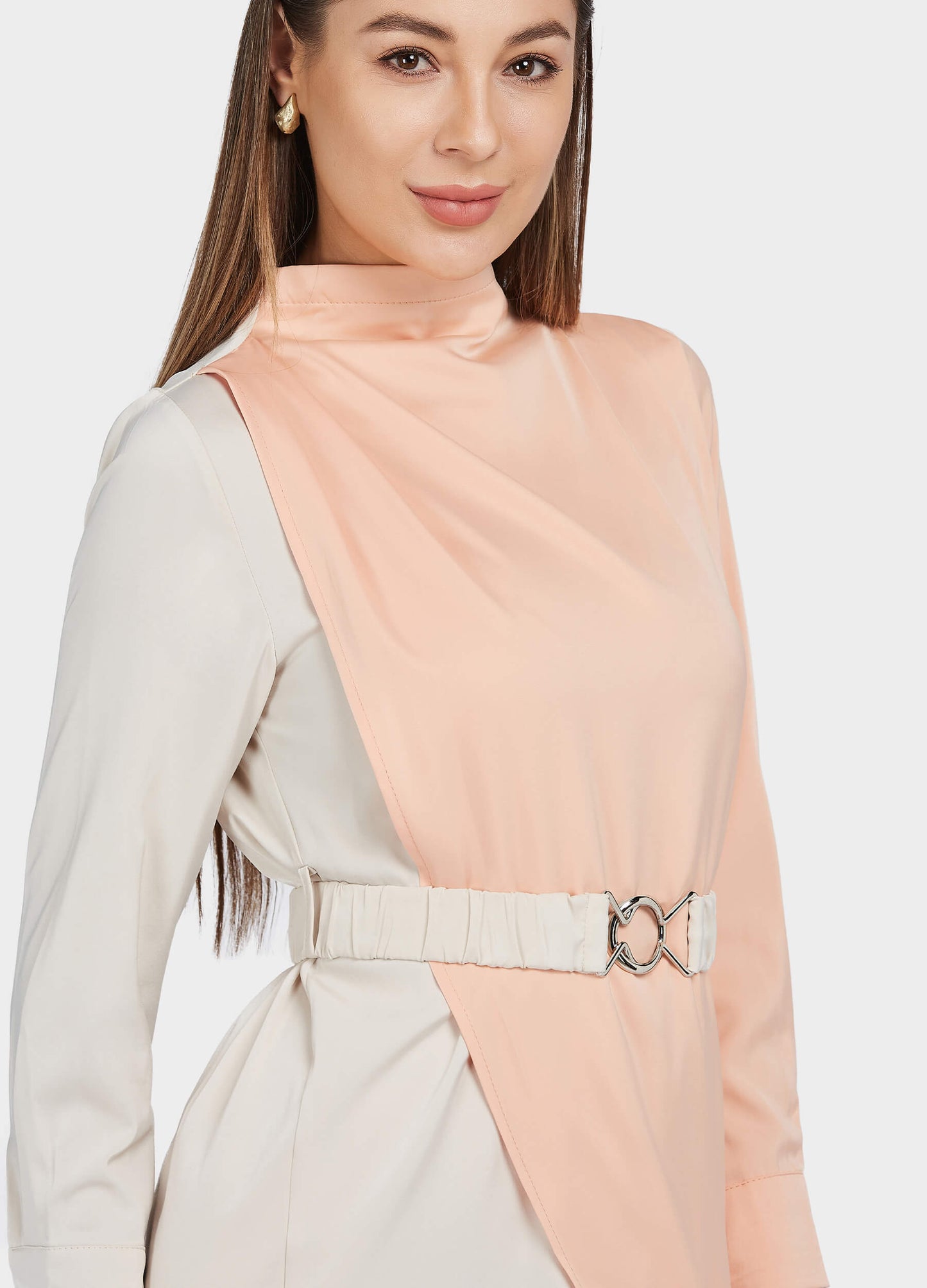 Women's Belted Colorblock High-Neck Long Sleeve Dress-Apricot&Pink
