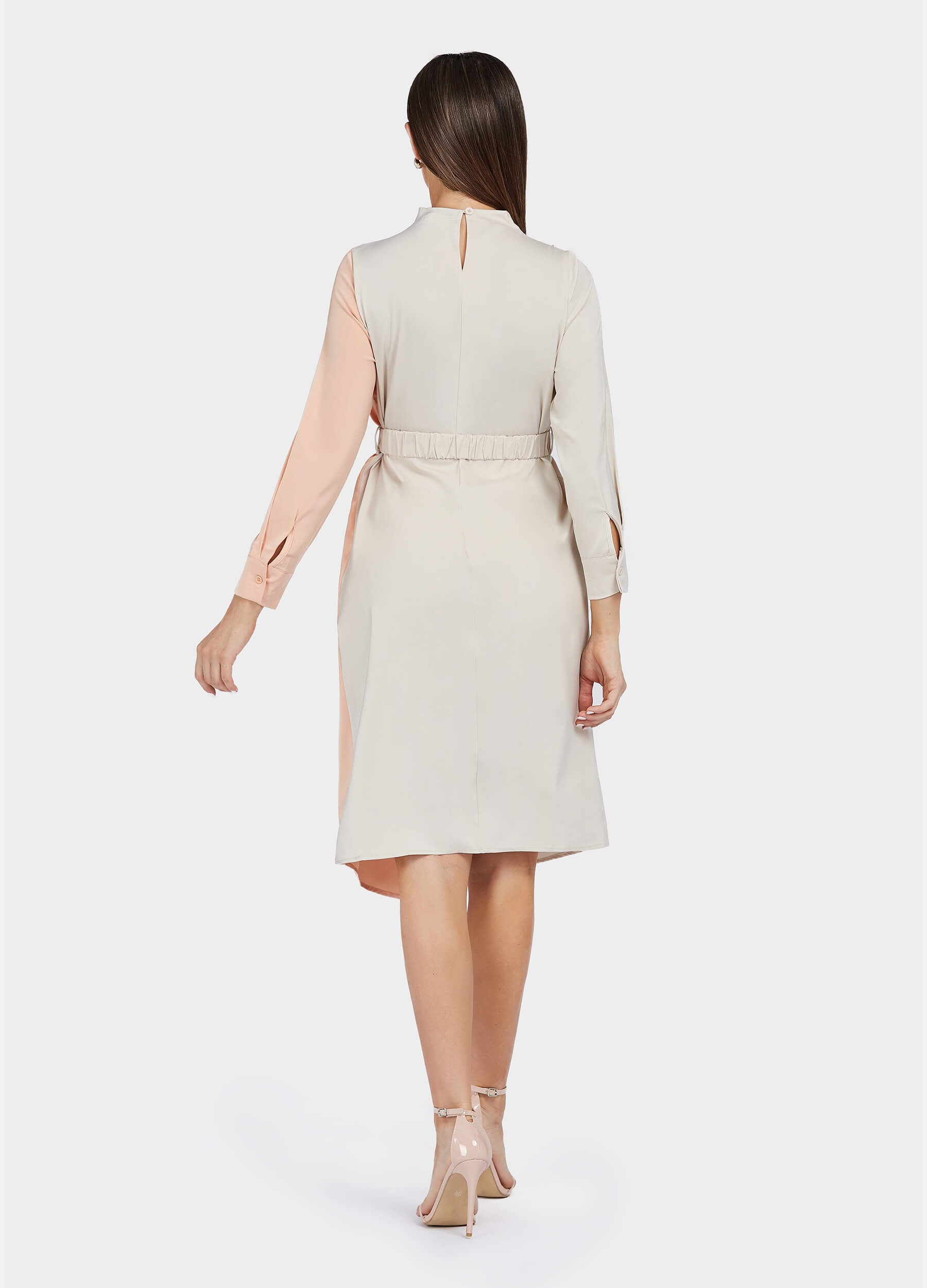 Women's Belted Colorblock High-Neck Long Sleeve Dress-Apricot&Pink back view