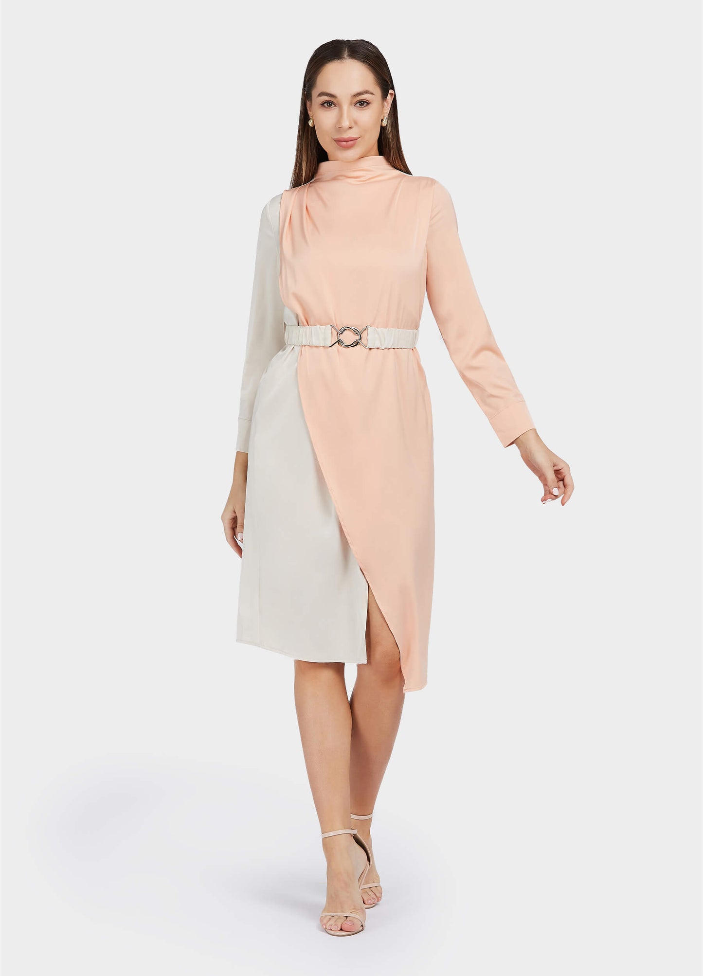 Women's Belted Colorblock High-Neck Long Sleeve Dress-Apricot&Pink main view