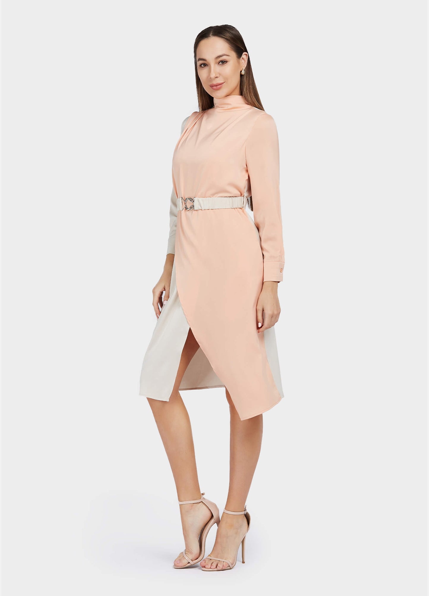 Women's Belted Colorblock High-Neck Long Sleeve Dress-Apricot&Pink side view